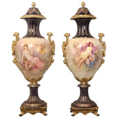 Antique Lovely Pair of Late 19th Century Gilt Bronze Mounted Sèvres Style Vases