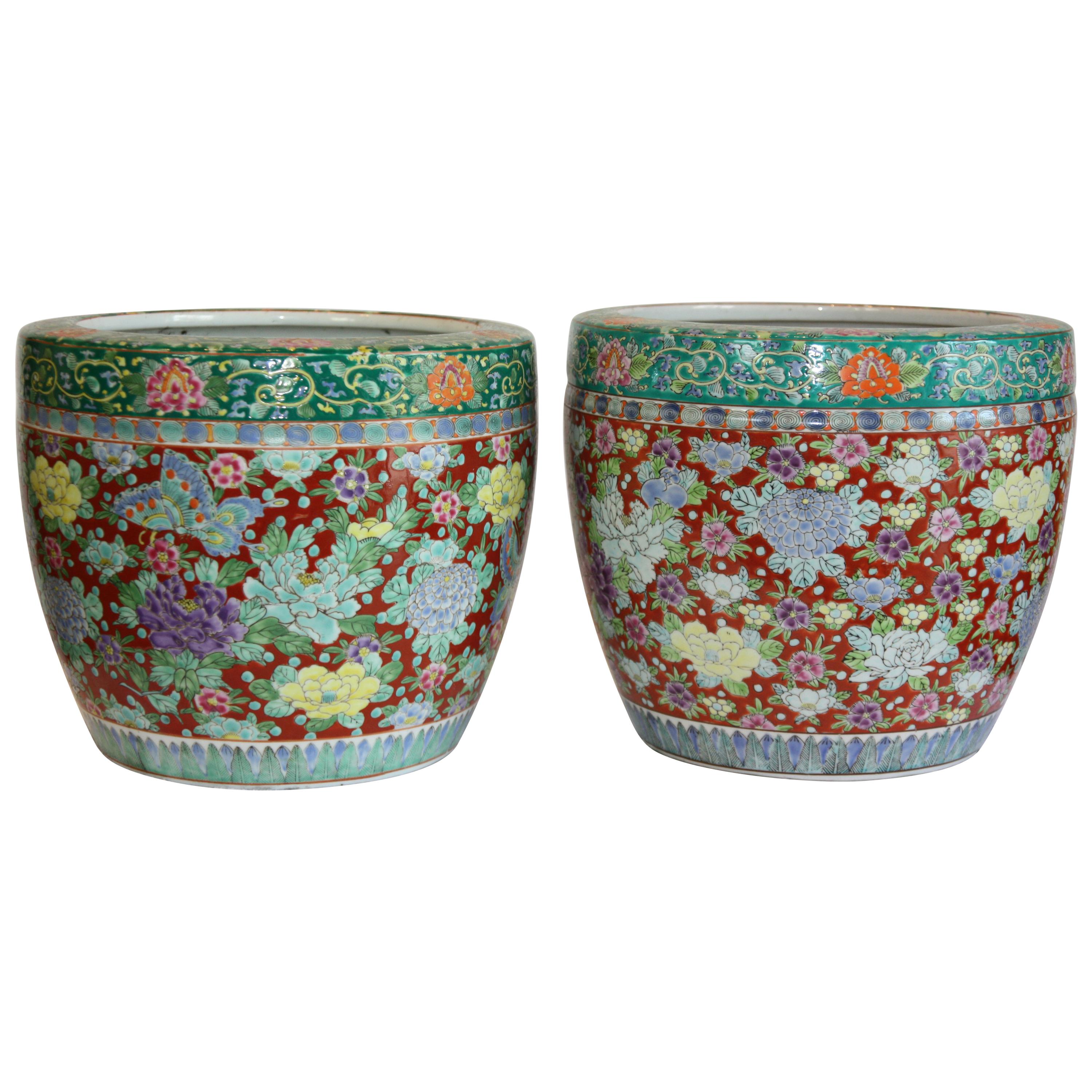 Lovely Pair of Late 19th Century Hand-Painted, Red and Green Jardinières