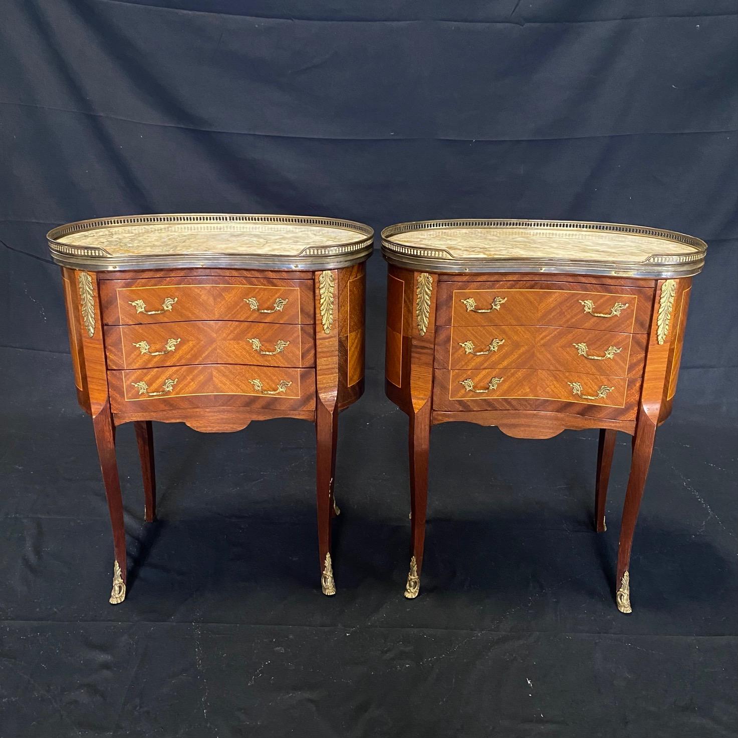 Lovely Pair of Louis XVI French Marble Brass Trimmed Commode Night Stands  10