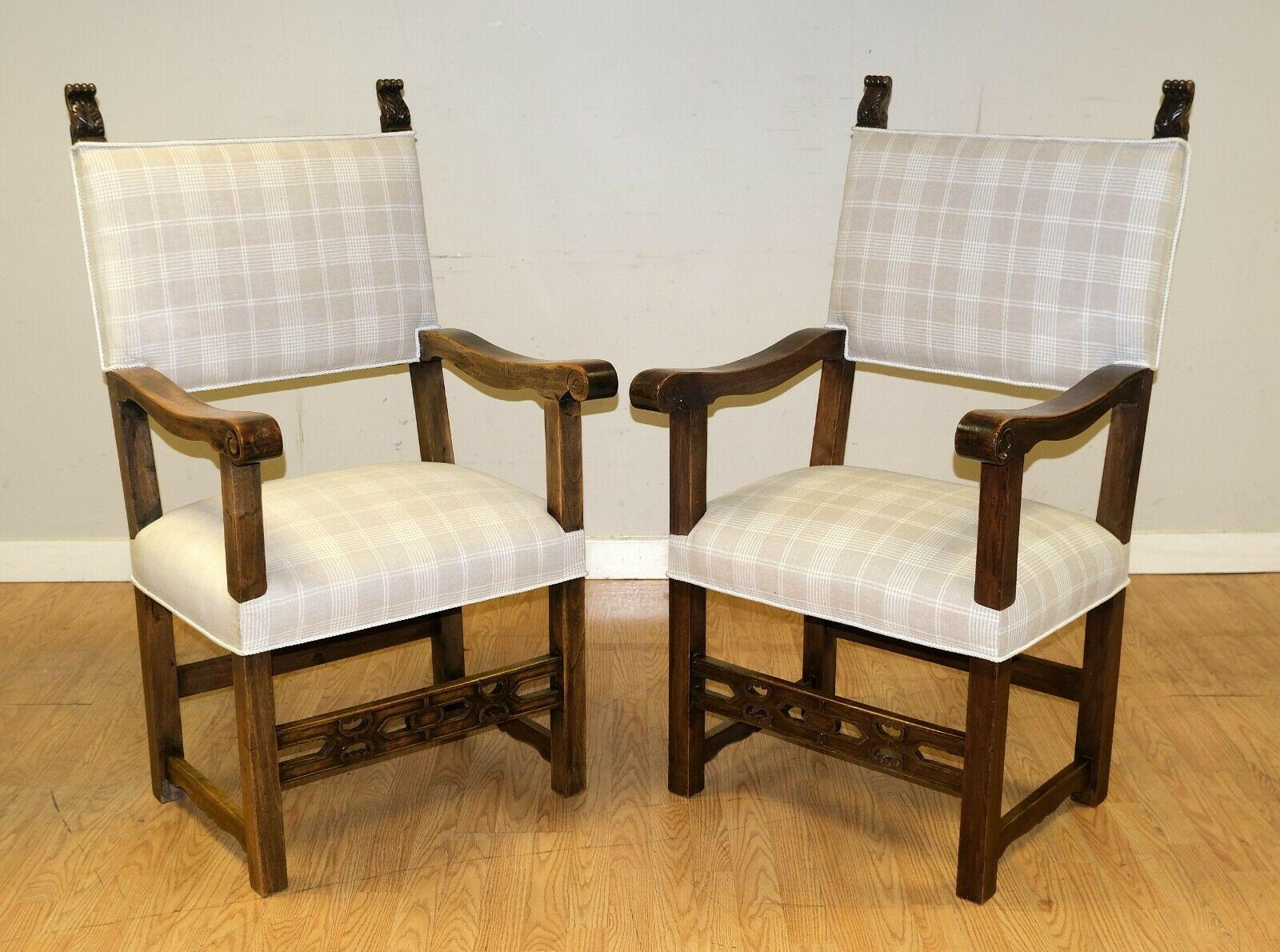 We are delighted to offer for sale this elegant pair of Mahogany throne armchairs with nice carvings.

The armchairs are very good looking with a nice coloured seat area and high back. The pair are solid, well made and comfortable. The carvings is