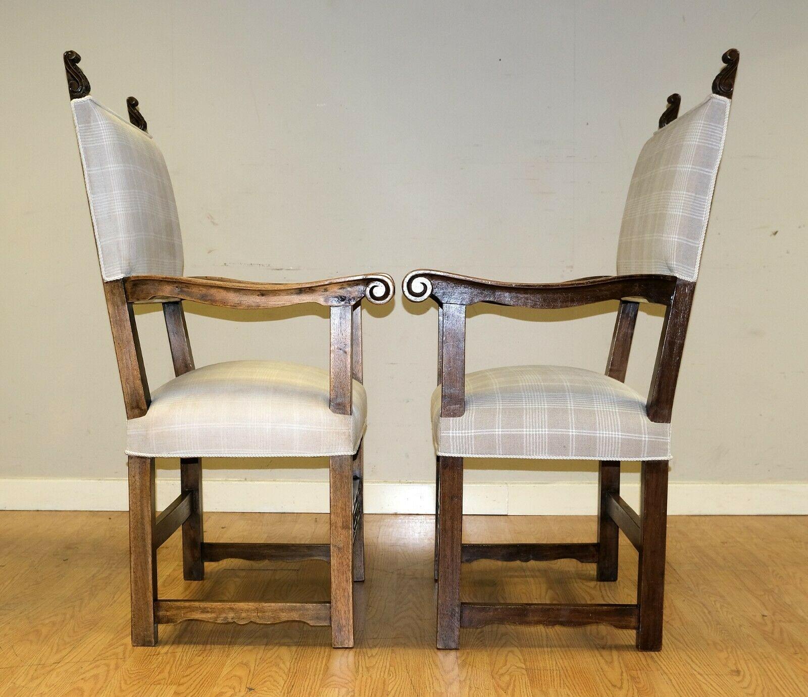 Country Lovely Pair of Hardwood Carvers Throne Armchairs on Light Seat Fabric For Sale