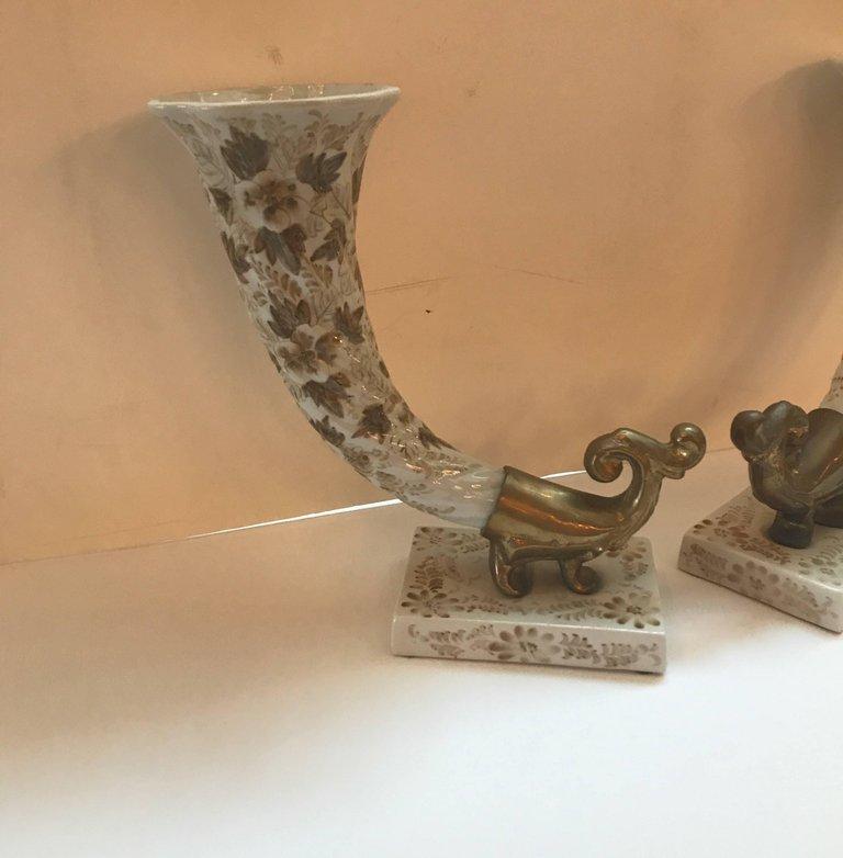 Lovely Pair of Maitland Smith Cornucopia Garniture Vases In Excellent Condition In Hopewell, NJ