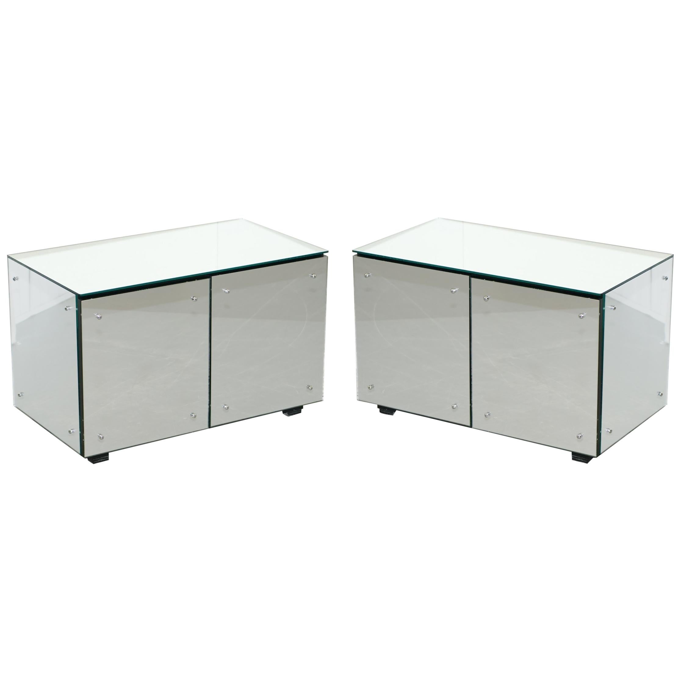 Lovely Pair of Mirrored Tapered Glass Large Side Table Cupboards Ideal Storage