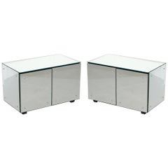 Vintage Lovely Pair of Mirrored Tapered Glass Large Side Table Cupboards Ideal Storage