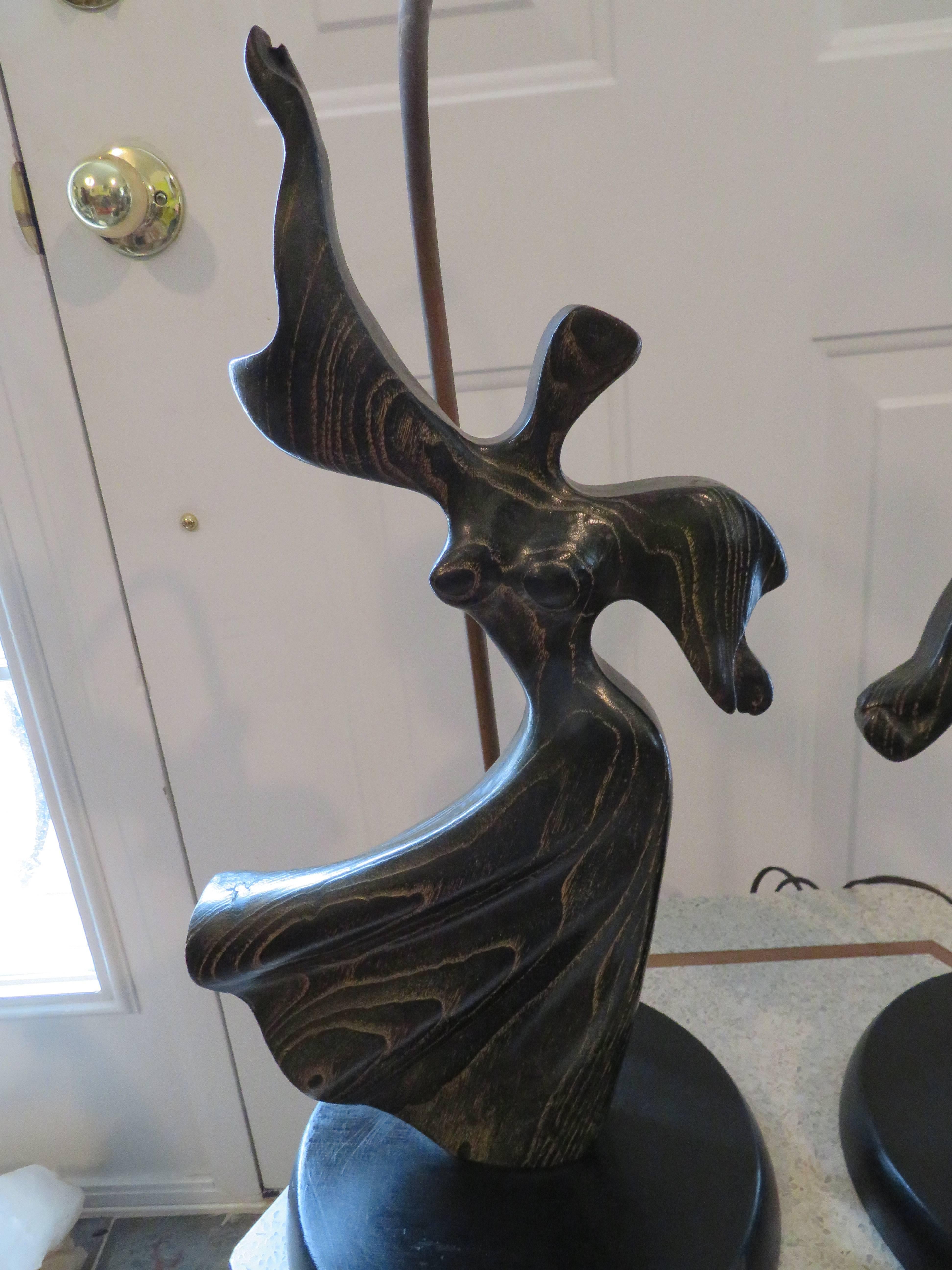 Mid-Century Modern Lovely Pair of Modernist Cerused Oak Heifetz Dancer Male Female Lamps For Sale