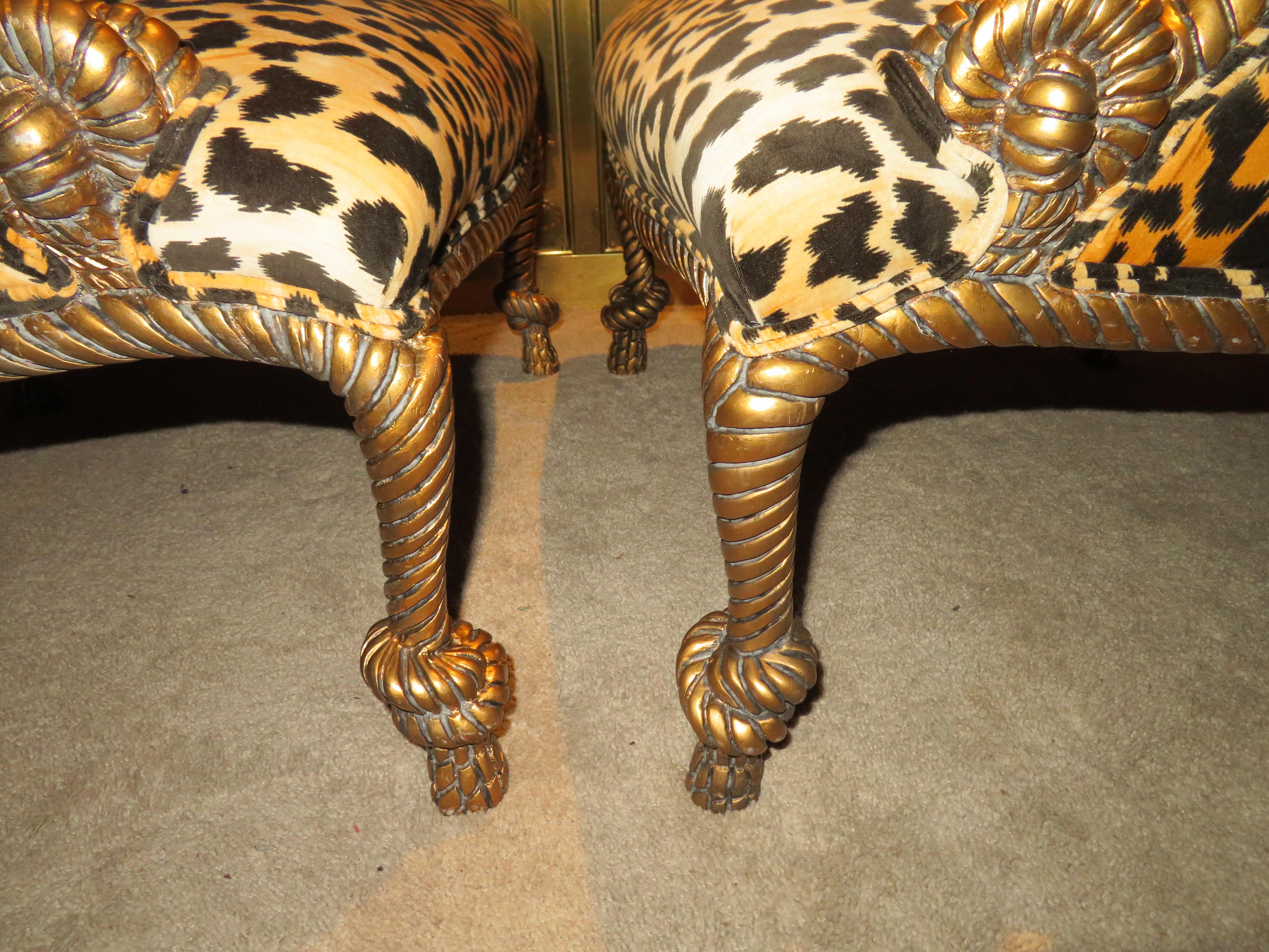 Upholstery Lovely Pair of Napoleon III Style Gilded Rope & Tassel Chairs Hollywood Regency