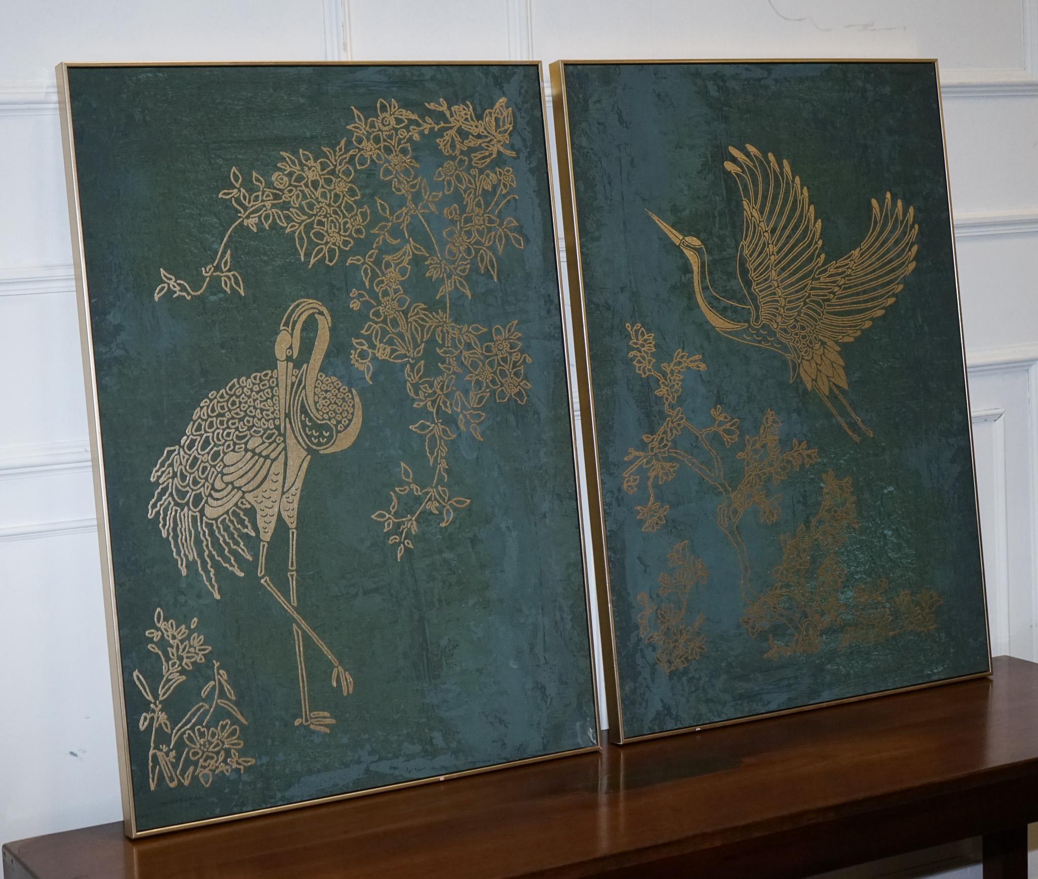 Britannico Adorabile PAIRO DI STAMPE D'ARTE PER LA SALA PEACKOCK DECORAZIONE A PARETE TORRESE E QUADRI D'ORO in vendita