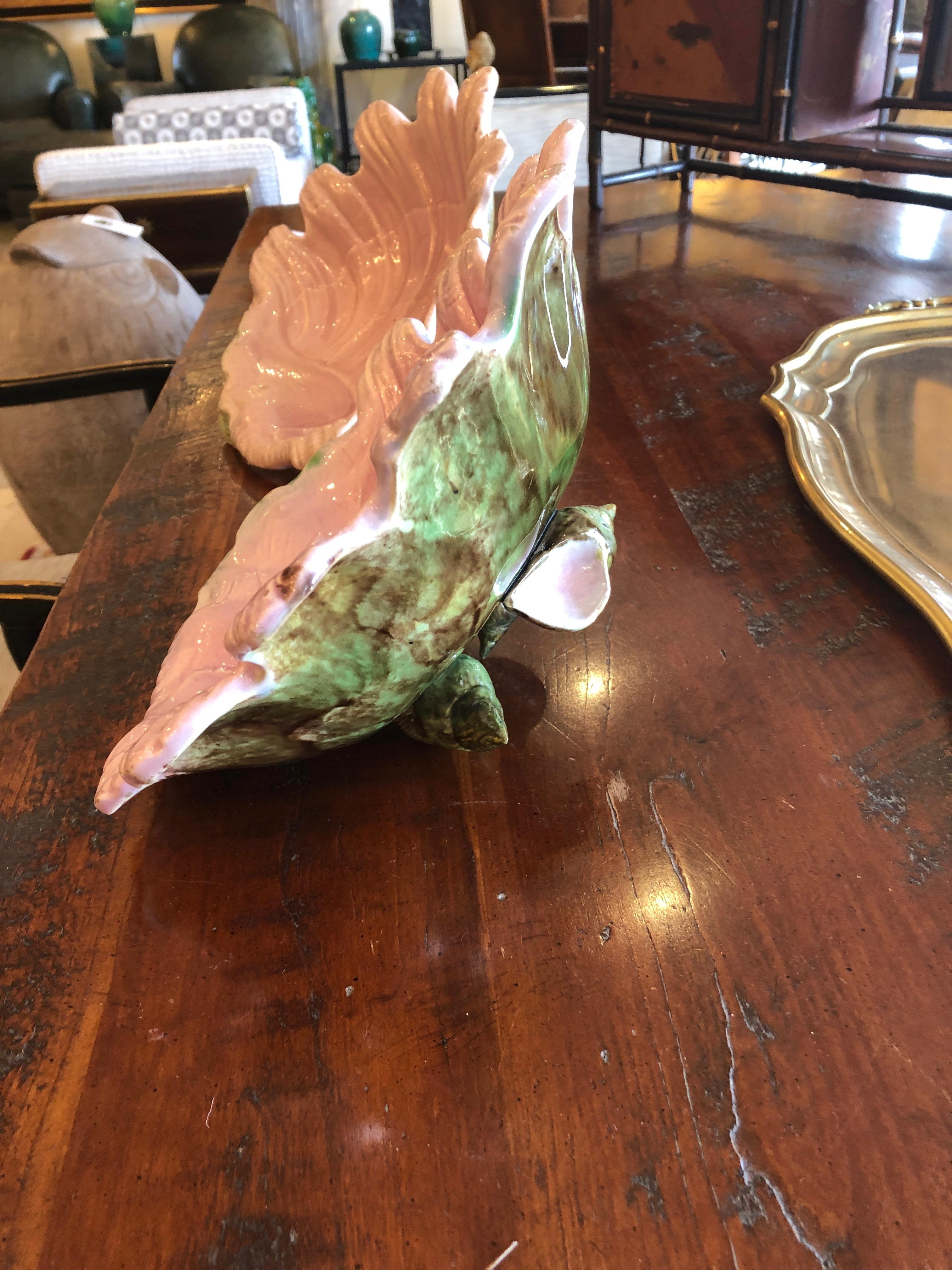 Lovely Pair of Pink and Green Majolica Clam Shell Bowls 5
