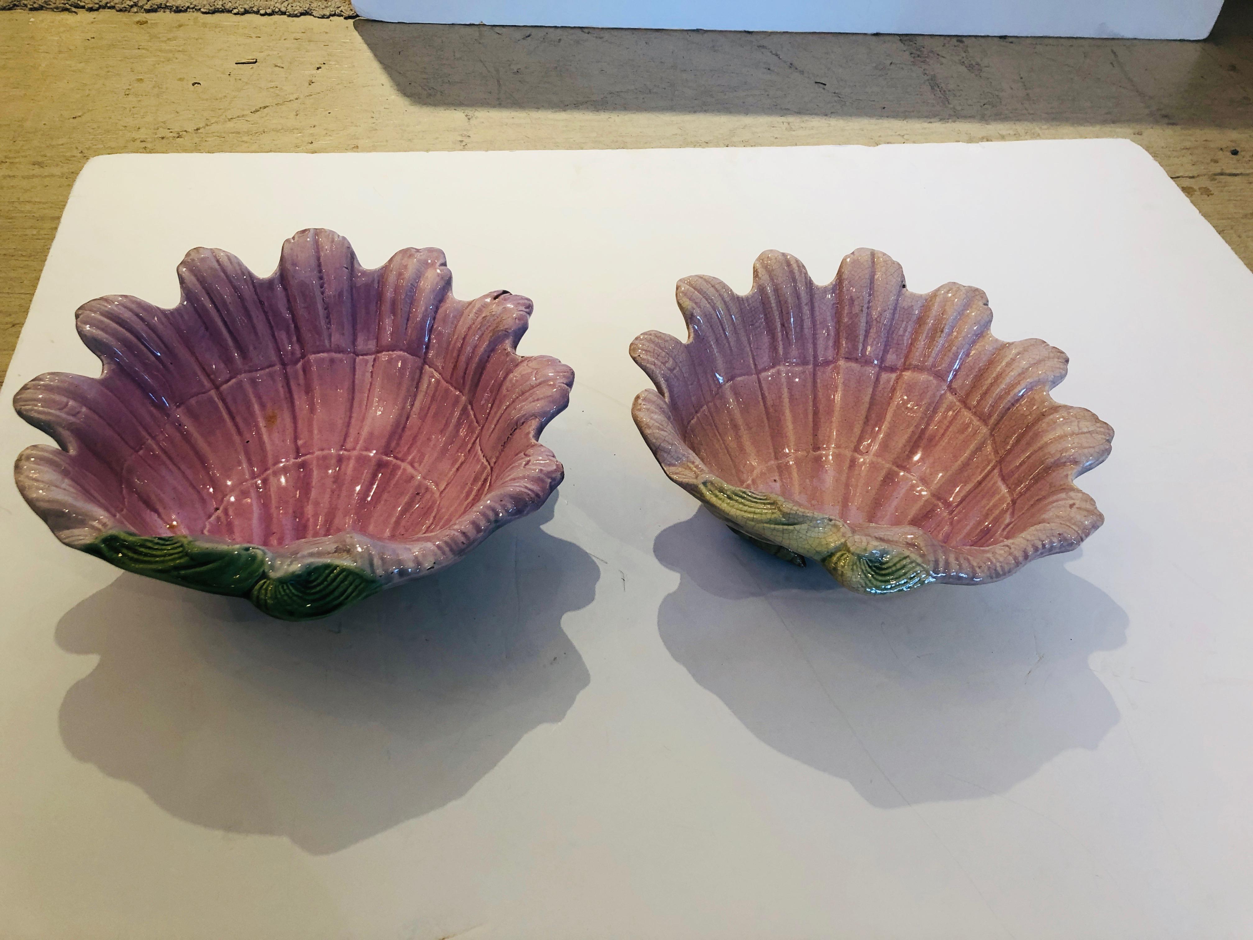 French Lovely Pair of Pink and Green Majolica Clam Shell Bowls