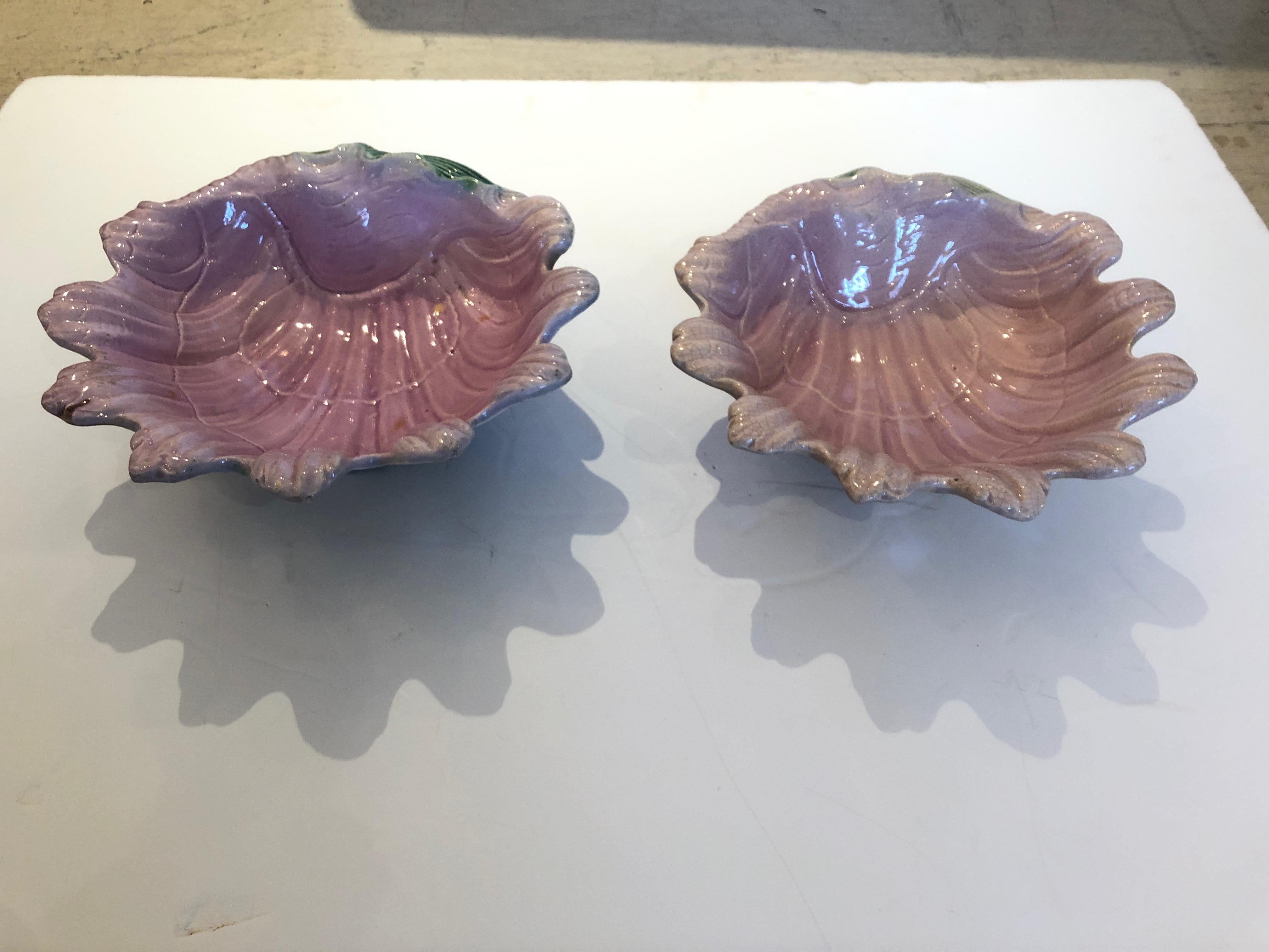 Lovely Pair of Pink and Green Majolica Clam Shell Bowls In Excellent Condition In Hopewell, NJ