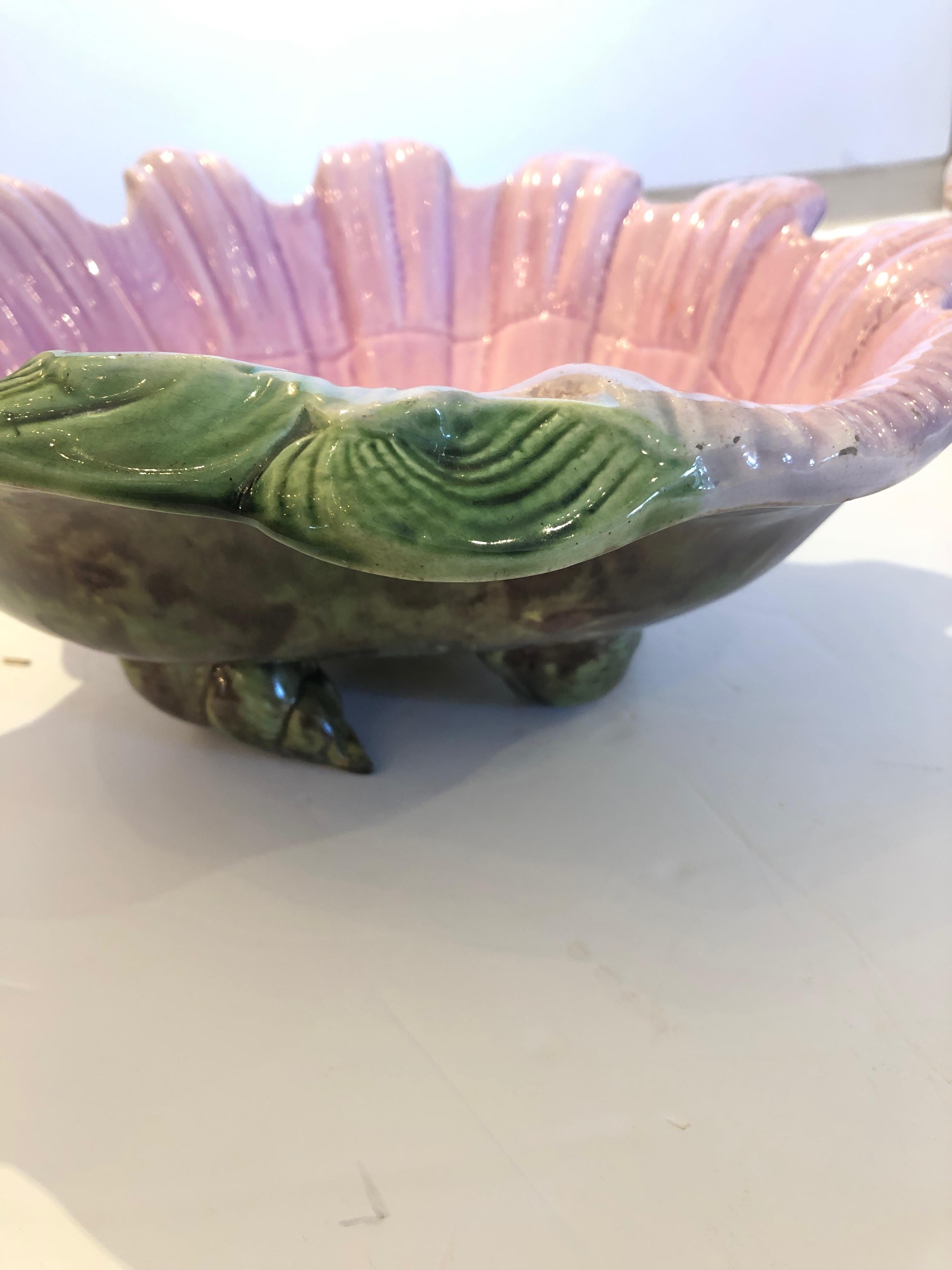Lovely Pair of Pink and Green Majolica Clam Shell Bowls 1