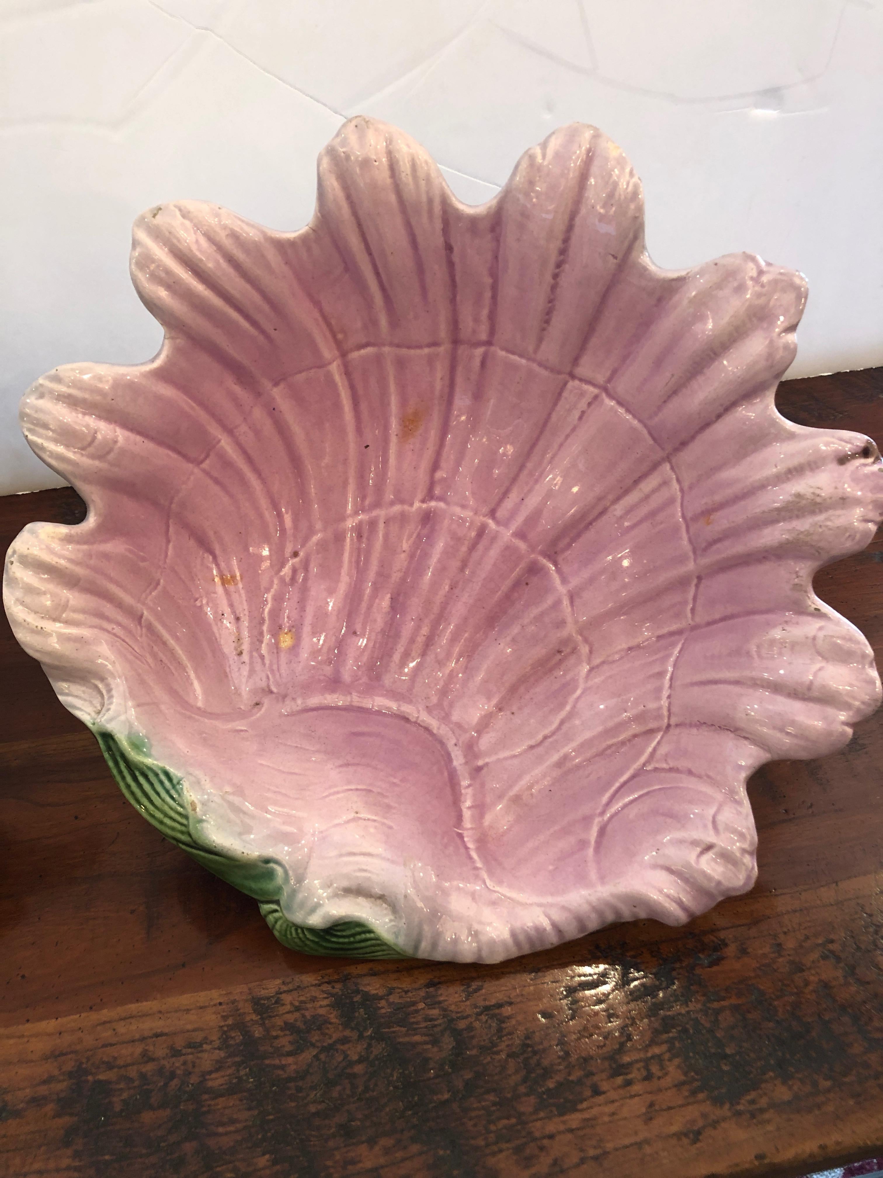 Lovely Pair of Pink and Green Majolica Clam Shell Bowls 4