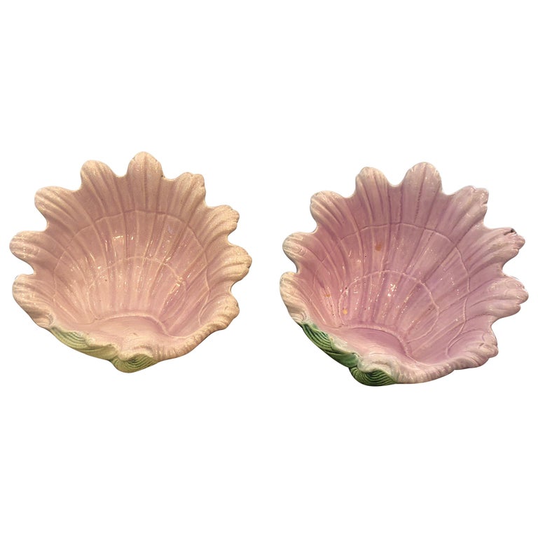 Lovely Pair of Pink and Green Majolica Clam Shell Bowls at 1stDibs