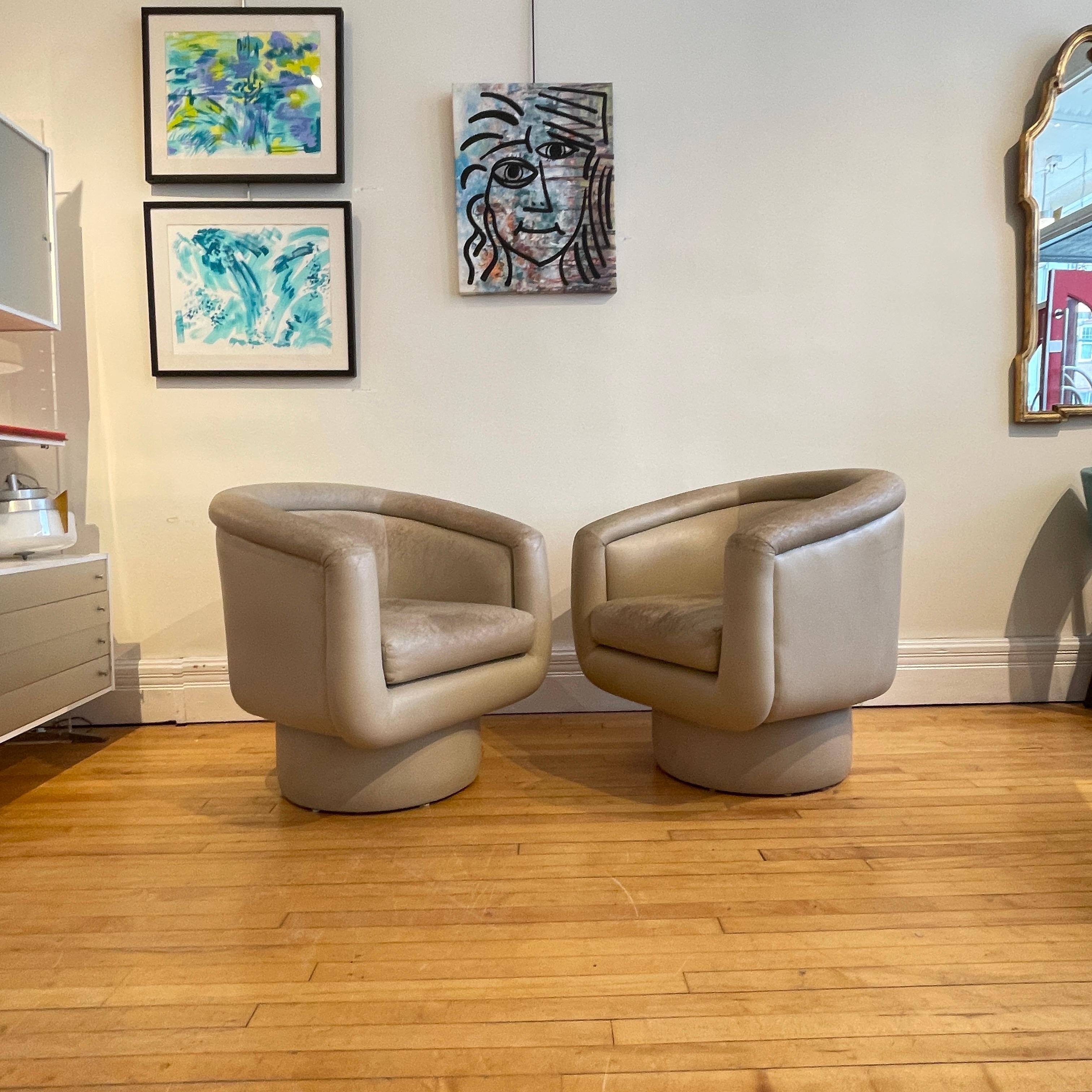 Upholstery Lovely Pair of Post-Modern Sculptural Patinated Swivel Chairs