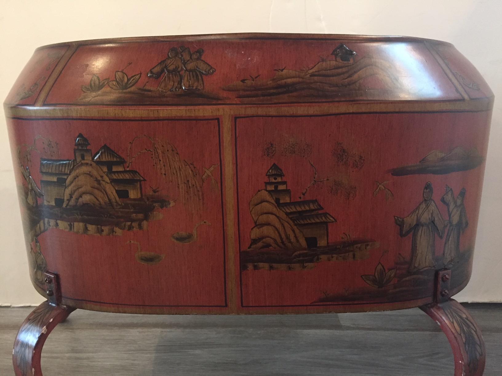 Lovely Pair of Red, Black and Gold Chinoiserie Decorated Tole Planters 1