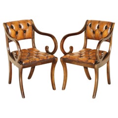 LOVELY PAIR OF RESTORED BROWN LEATHER CHESTERFIELD LIBRARY READING ARMCHAIRs
