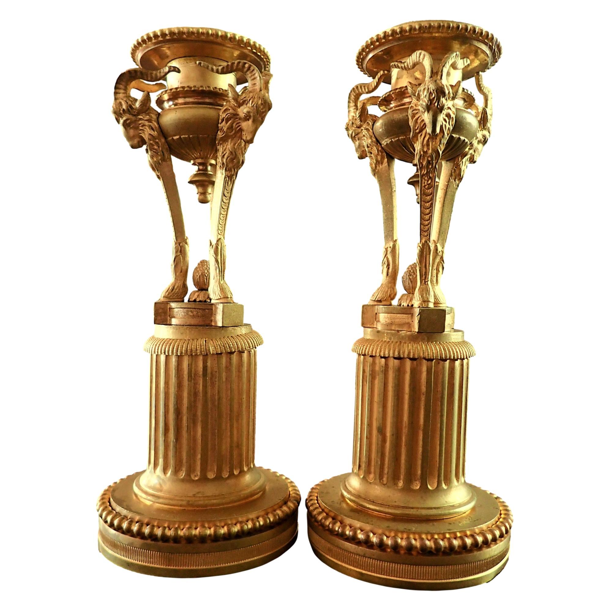 Louis XVI Lovely Pair of Rove Goat Decorated French Gilt Bronze Candlesticks