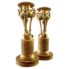 Lovely Pair of Rove Goat Decorated French Gilt Bronze Candlesticks