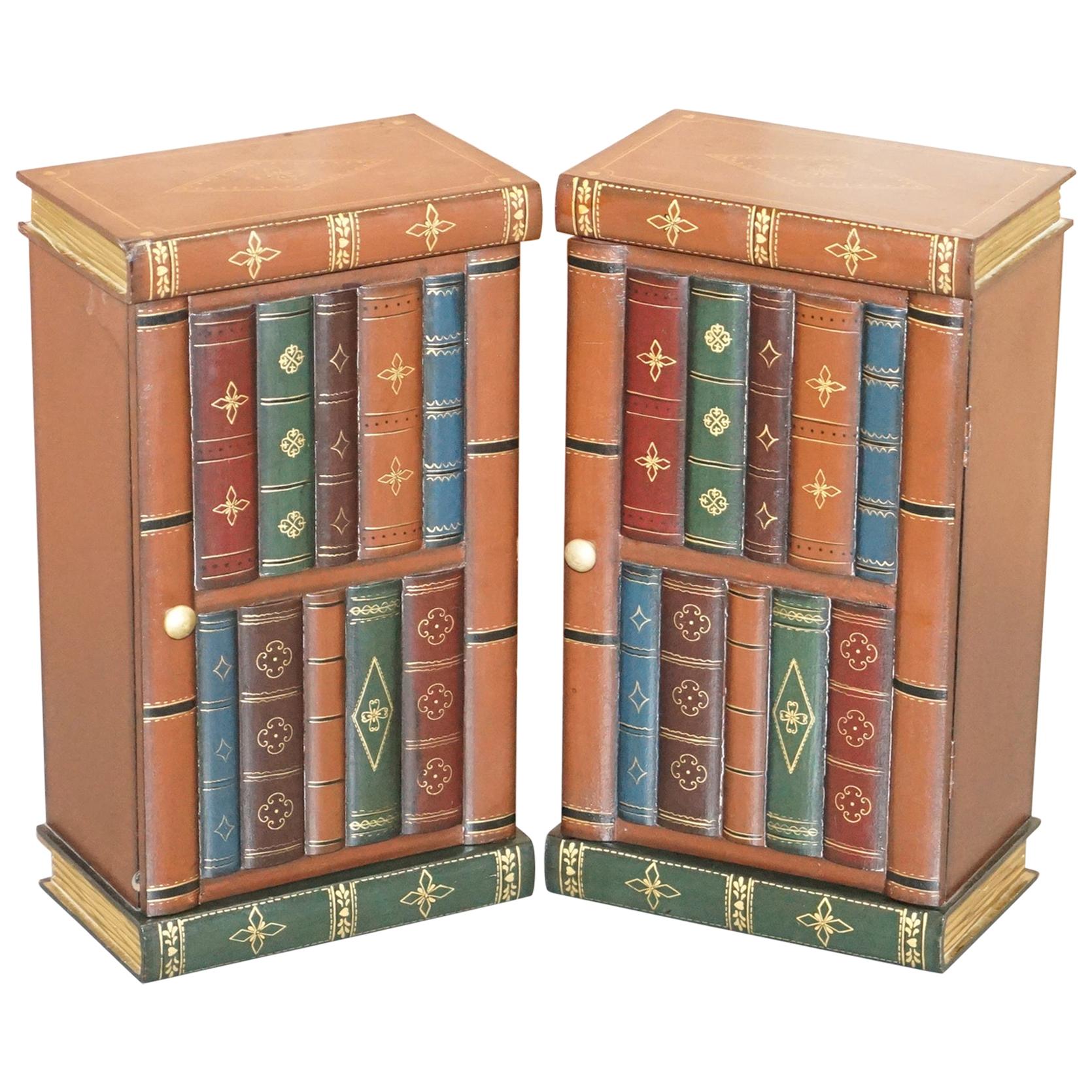 Lovely Pair of Side End Lamp Wine Table Sized Faux Book Library Study Cabinets