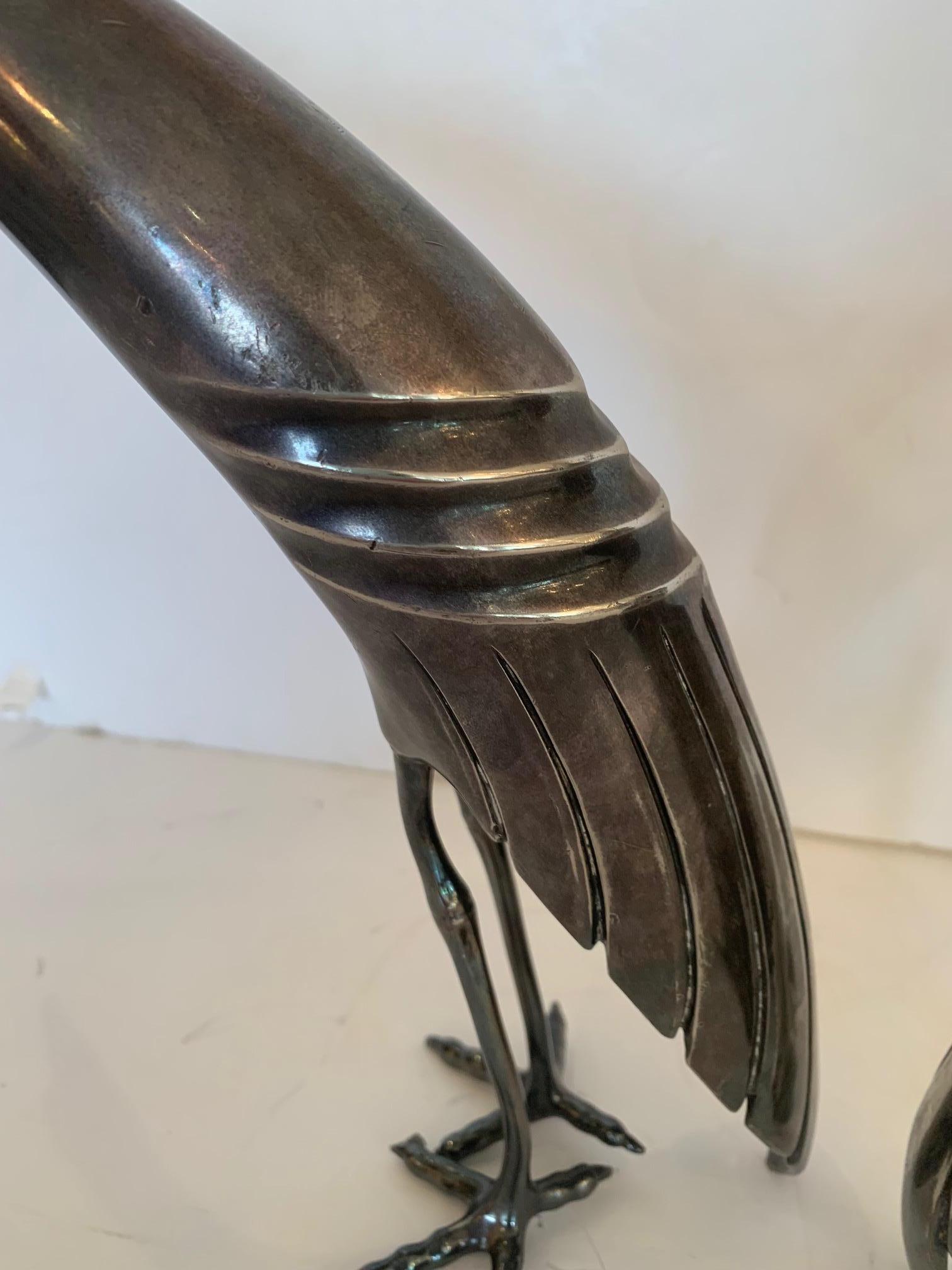 Early 20th Century Lovely Pair of Silverplate Egret Bird Sculptures