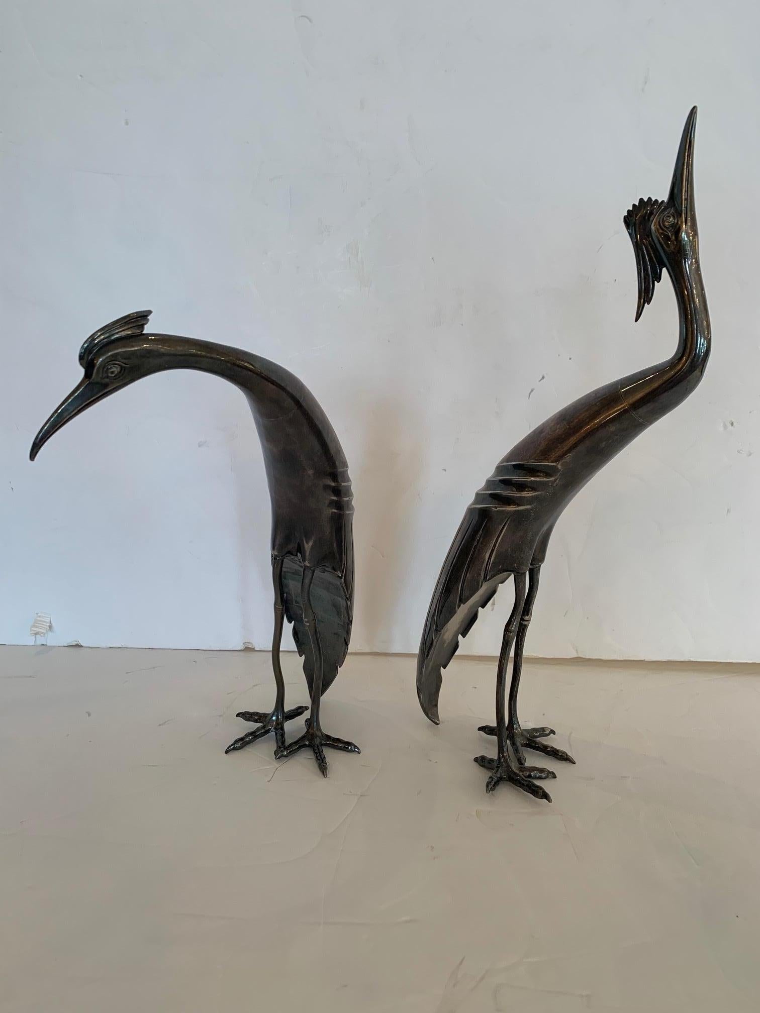 Metal Lovely Pair of Silverplate Egret Bird Sculptures