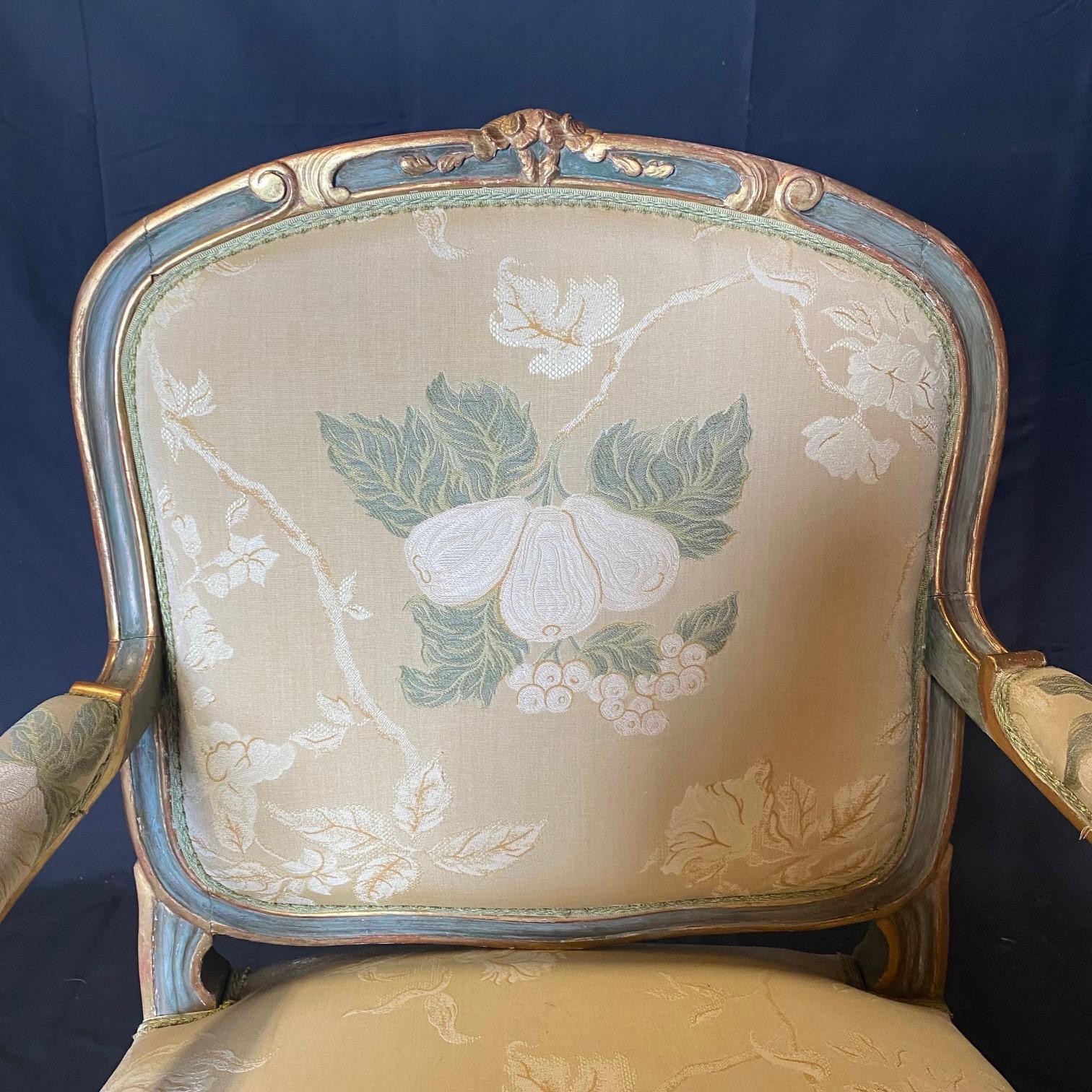 Lovely Pair of St. Tropez Painted & Silk French Louis XV Style Bergere Armchairs For Sale 5