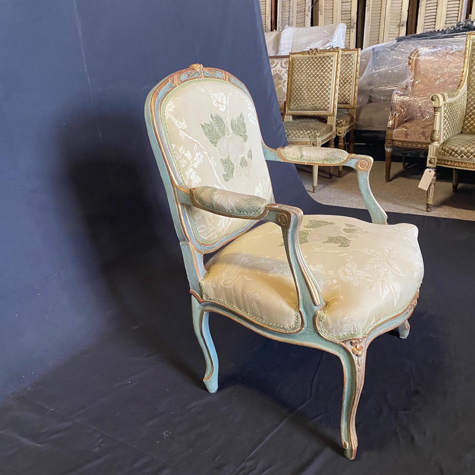 Lovely Pair of St. Tropez Painted & Silk French Louis XV Style Bergere Armchairs For Sale 7