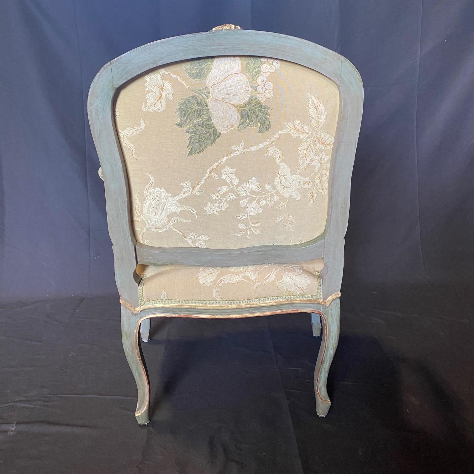 Lovely Pair of St. Tropez Painted & Silk French Louis XV Style Bergere Armchairs In Good Condition For Sale In Hopewell, NJ