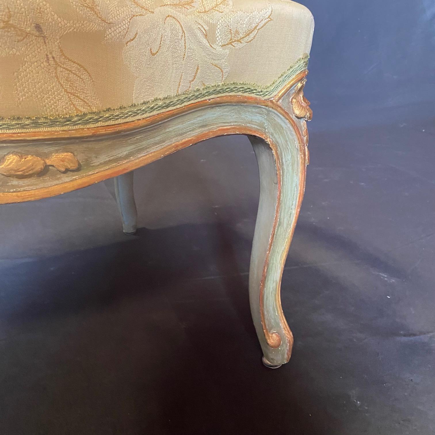 Mid-20th Century Lovely Pair of St. Tropez Painted & Silk French Louis XV Style Bergere Armchairs For Sale