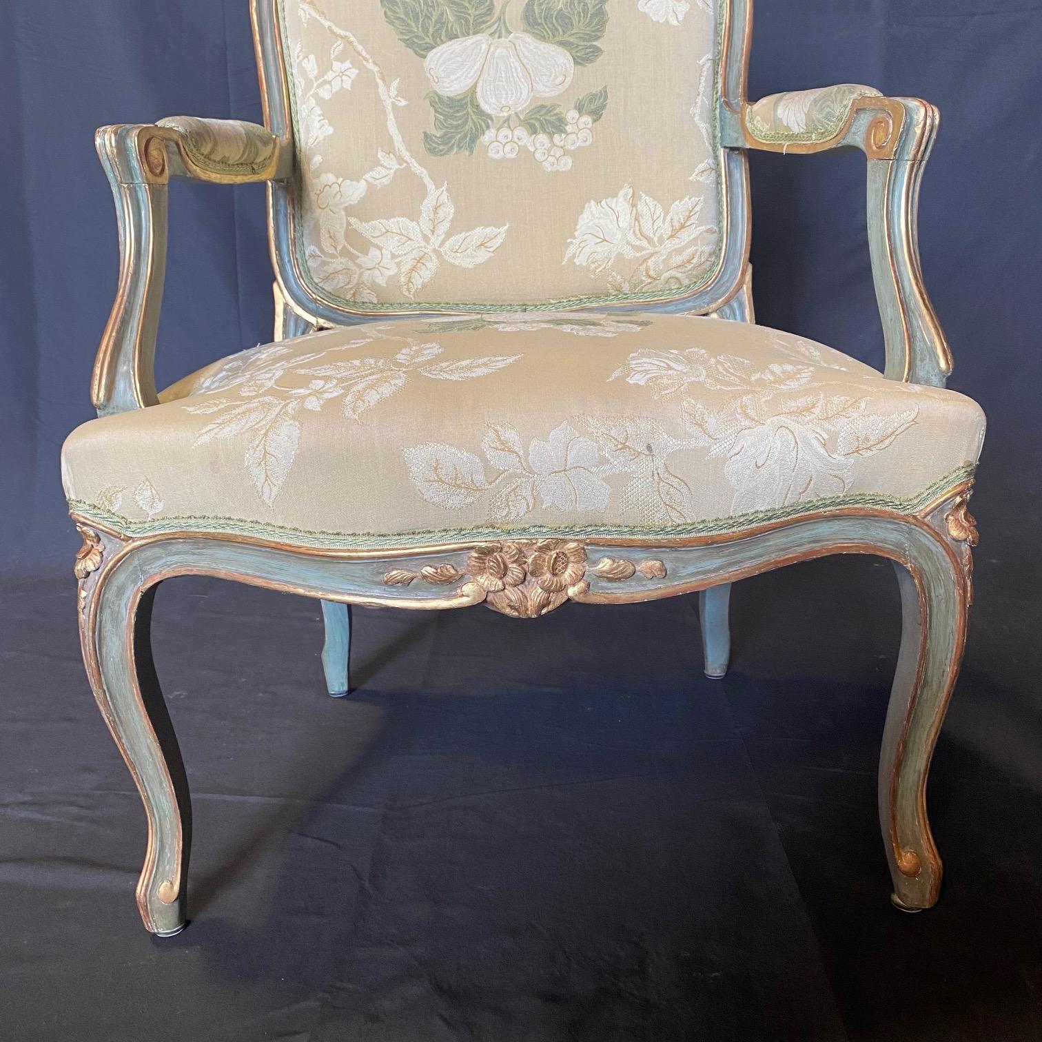 Upholstery Lovely Pair of St. Tropez Painted & Silk French Louis XV Style Bergere Armchairs For Sale