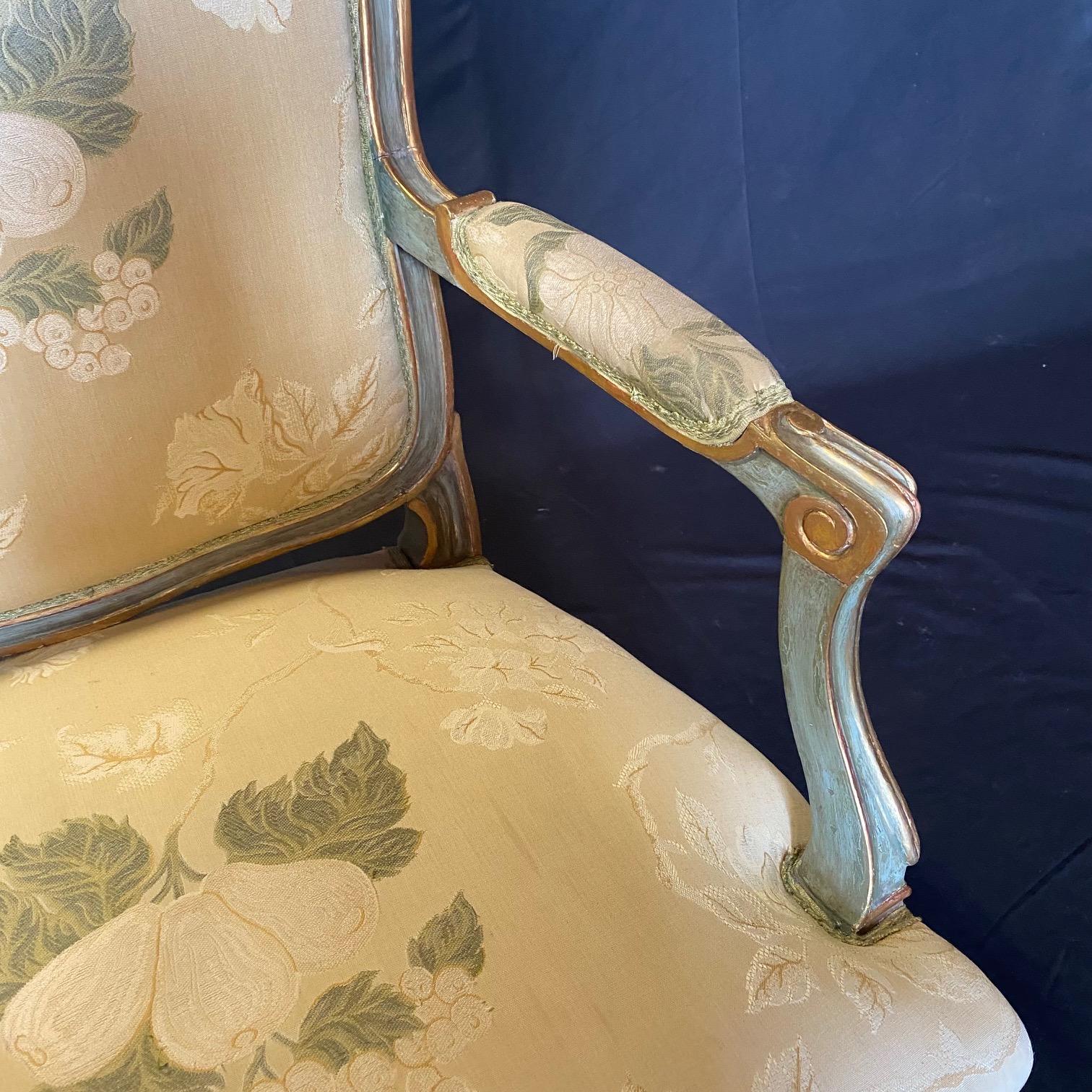 Lovely Pair of St. Tropez Painted & Silk French Louis XV Style Bergere Armchairs For Sale 1
