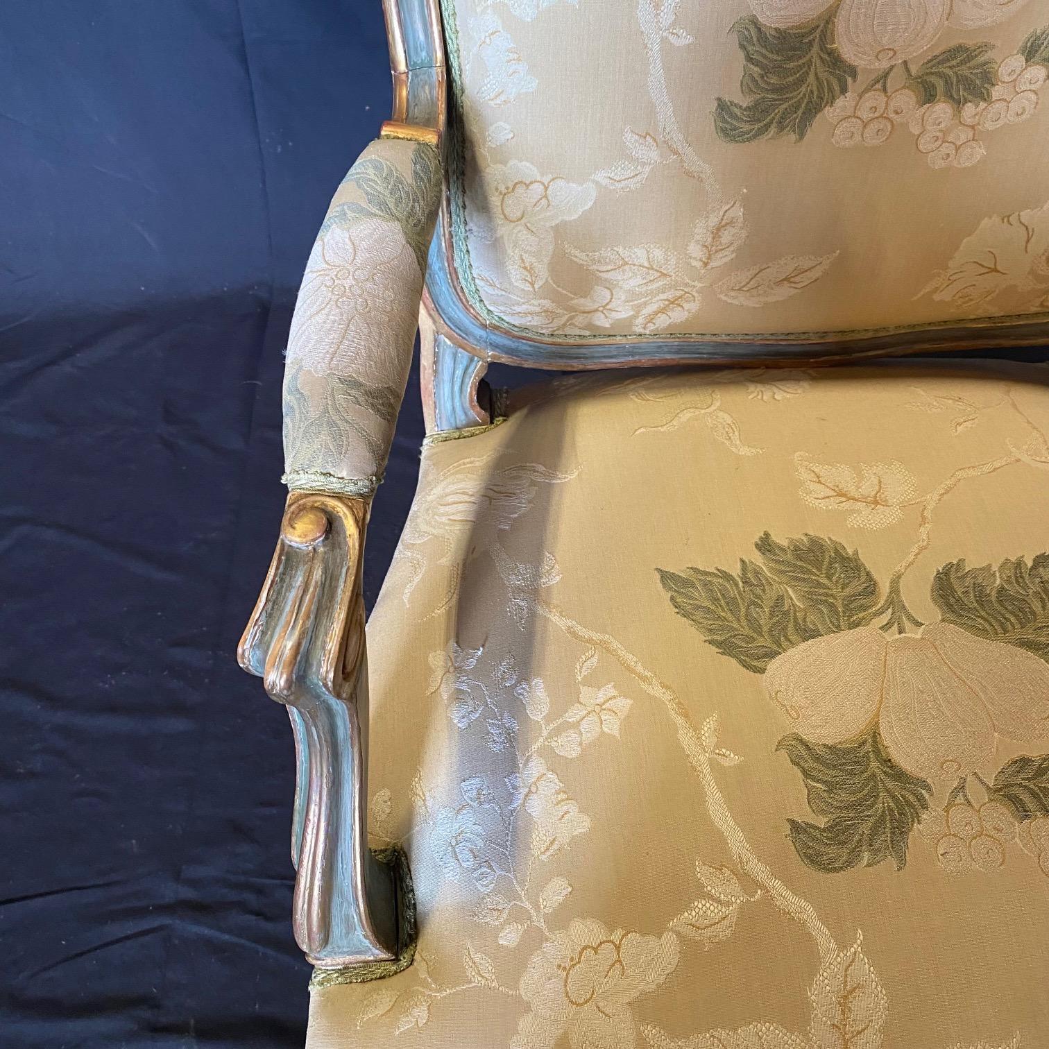 Lovely Pair of St. Tropez Painted & Silk French Louis XV Style Bergere Armchairs For Sale 3