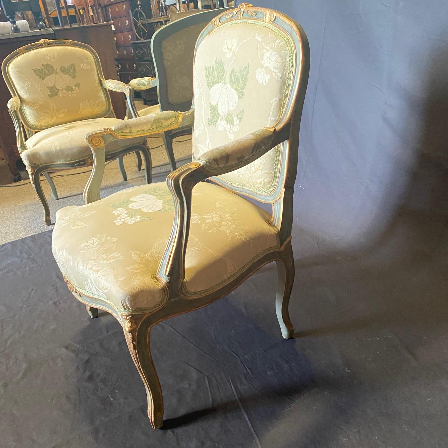 Lovely Pair of St. Tropez Painted & Silk French Louis XV Style Bergere Armchairs For Sale 4