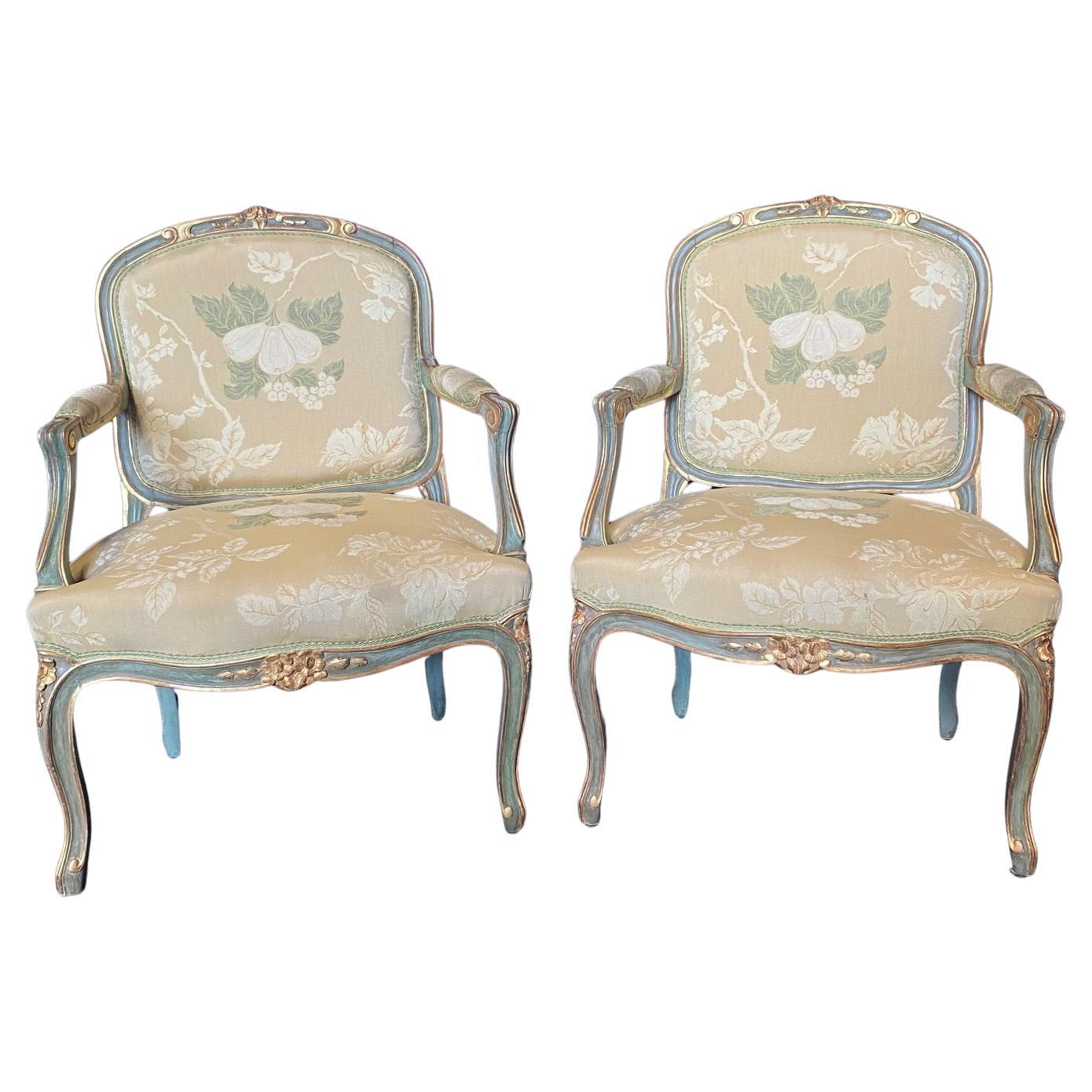 Lovely Pair of St. Tropez Painted & Silk French Louis XV Style Bergere Armchairs For Sale