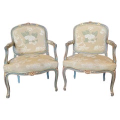 Lovely Pair of St. Tropez Painted & Silk French Louis XV Style Bergere Armchairs