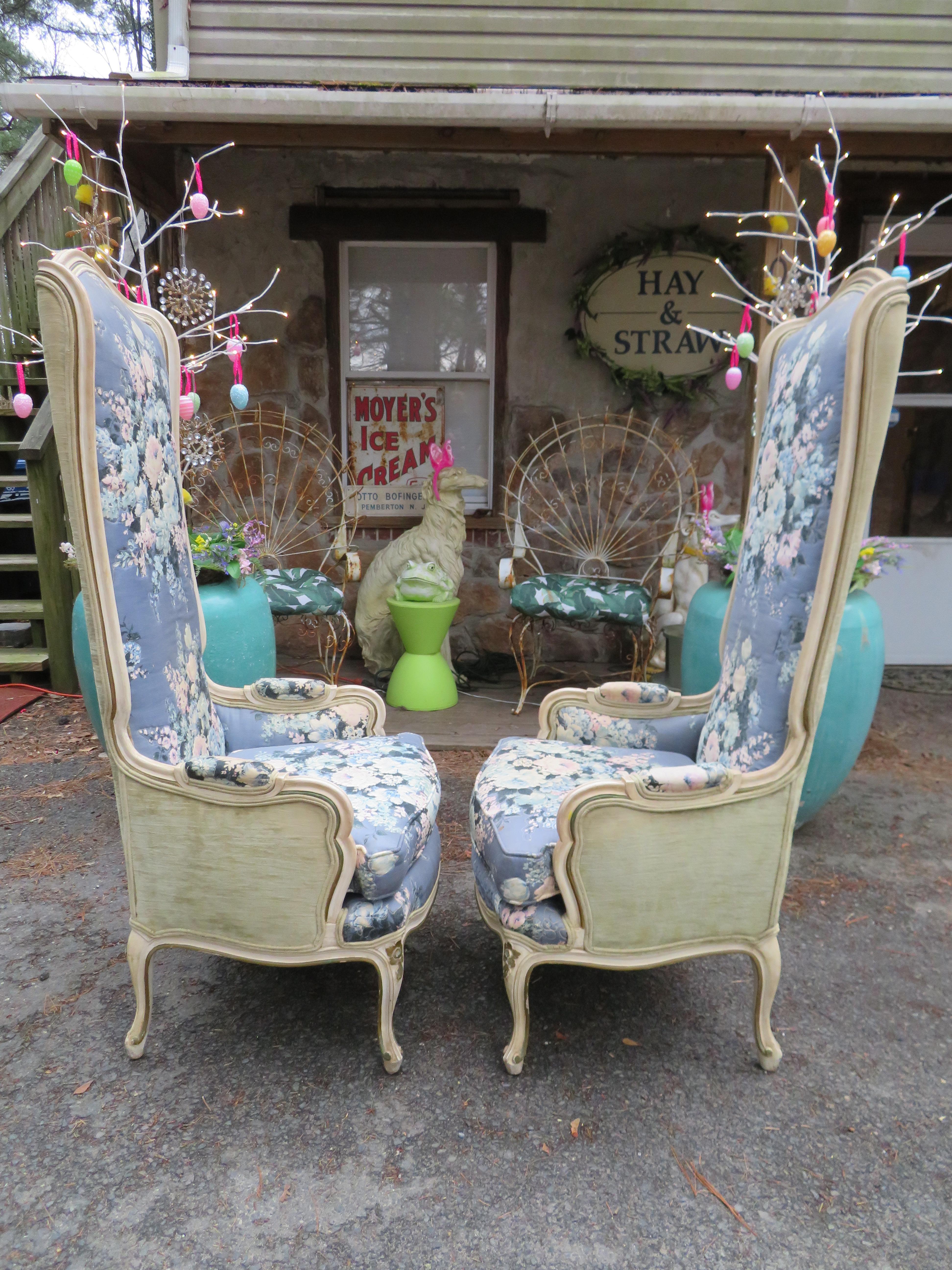 Lovely Pair of Statuesque French Country Wingback Chairs Midcentury For Sale 7