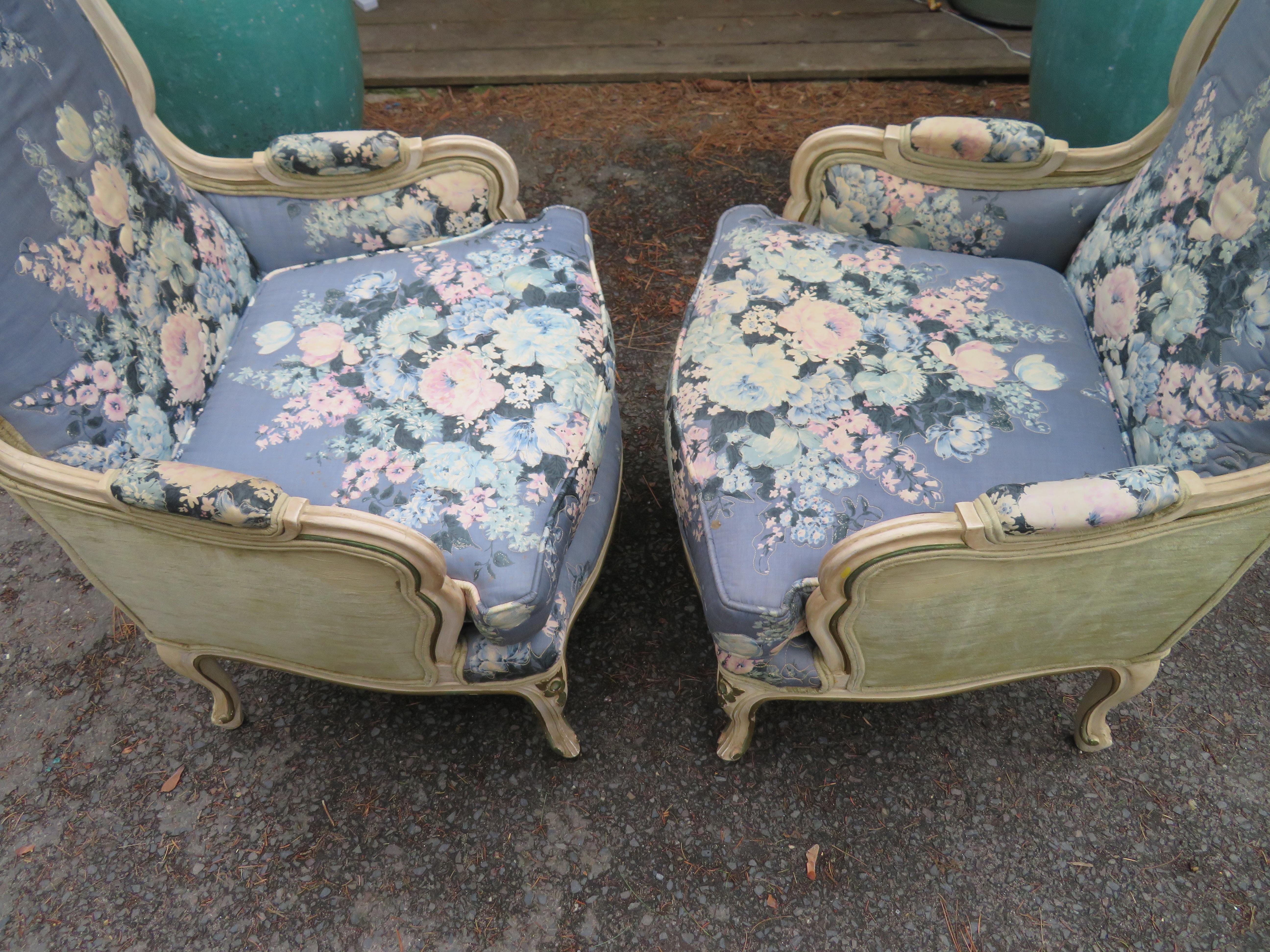 Lovely Pair of Statuesque French Country Wingback Chairs Midcentury For Sale 8