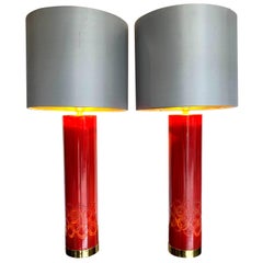 Lovely Pair of Swedish Red Ceramic Lamps Brass Fittings and New Bespoke Shades