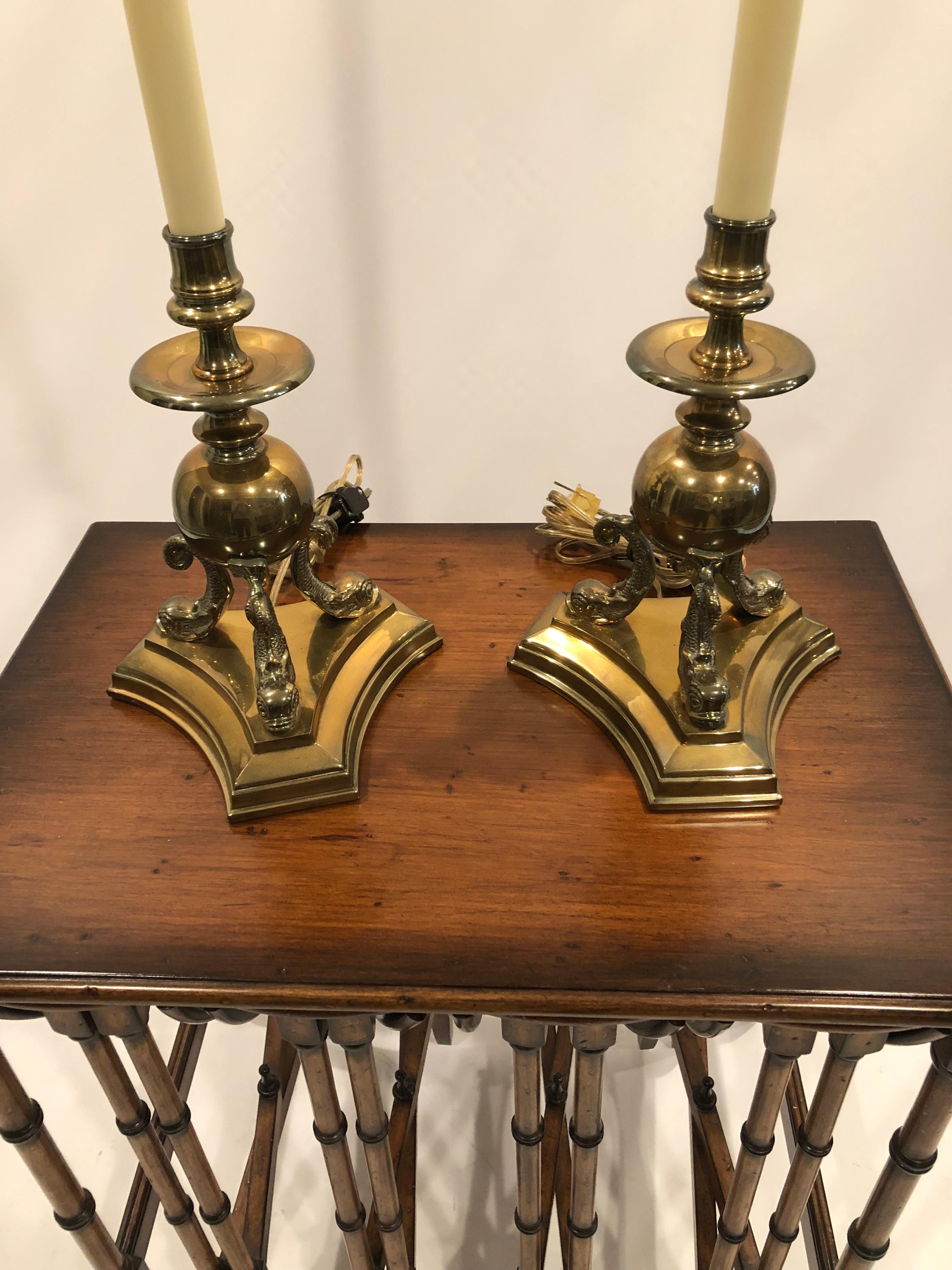 American Lovely Pair of Tall Elegant Brass Dolphin Motif Table Lamps by Chapman