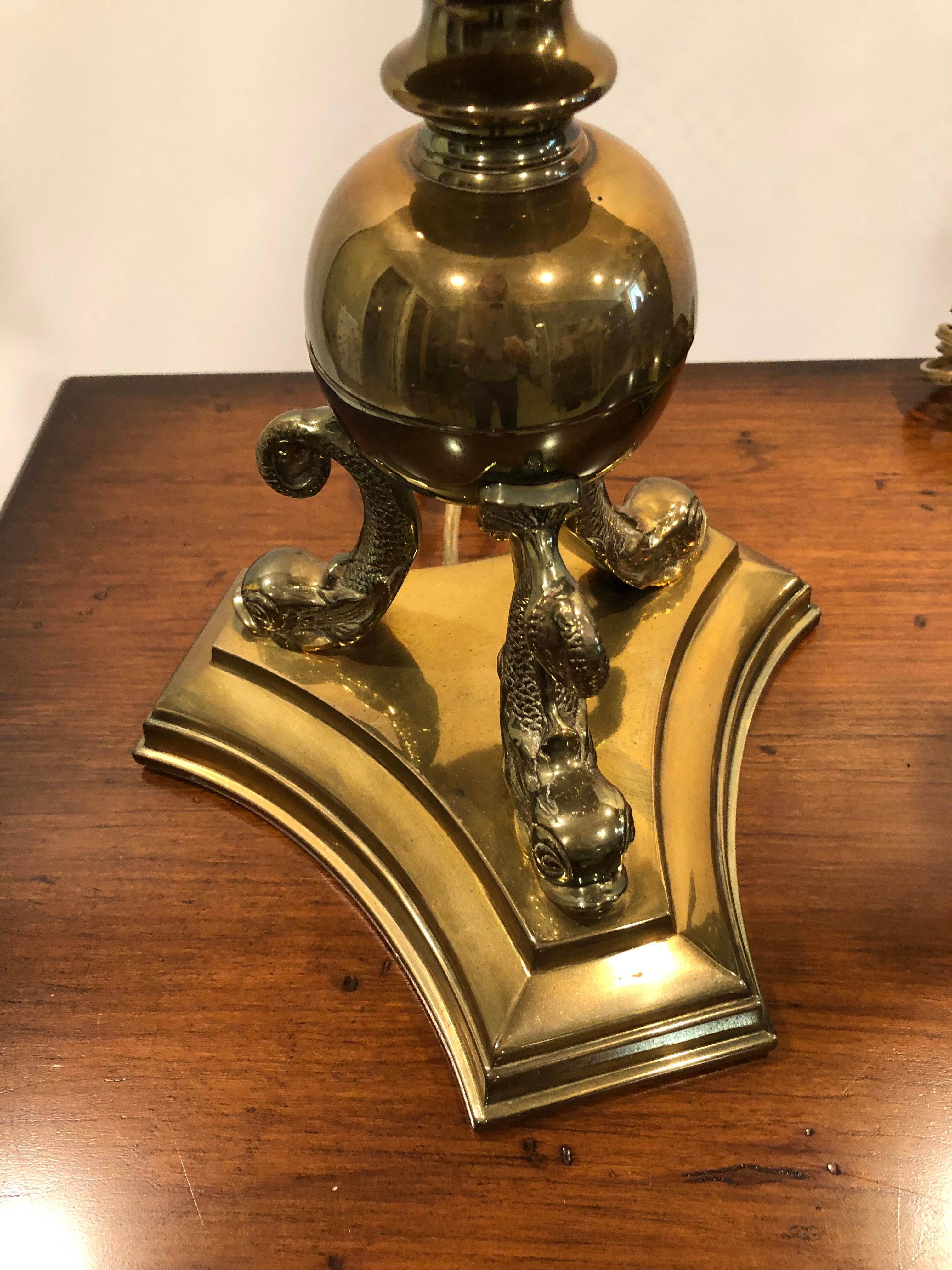 Lovely Pair of Tall Elegant Brass Dolphin Motif Table Lamps by Chapman In Good Condition In Hopewell, NJ