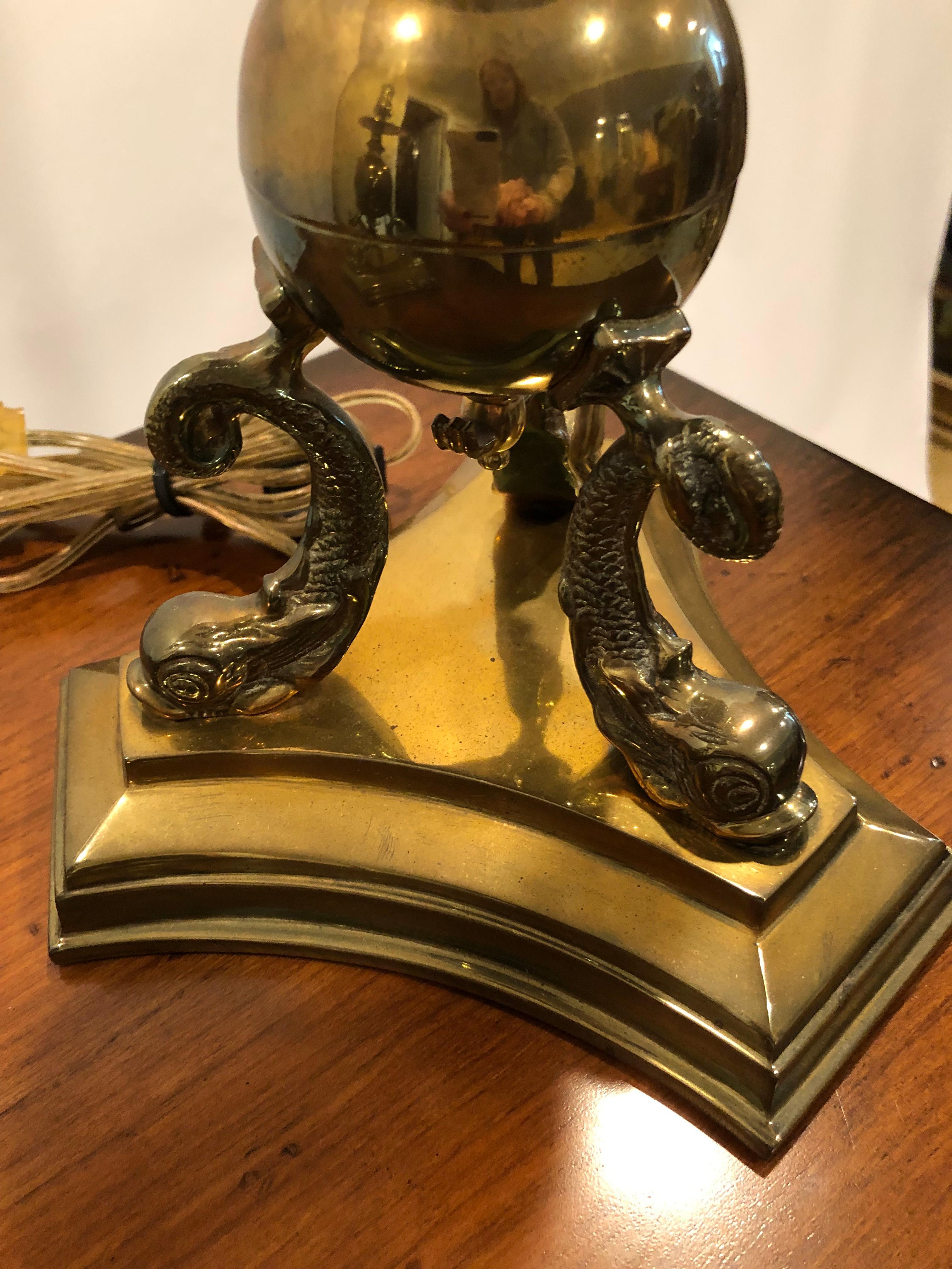 Late 20th Century Lovely Pair of Tall Elegant Brass Dolphin Motif Table Lamps by Chapman