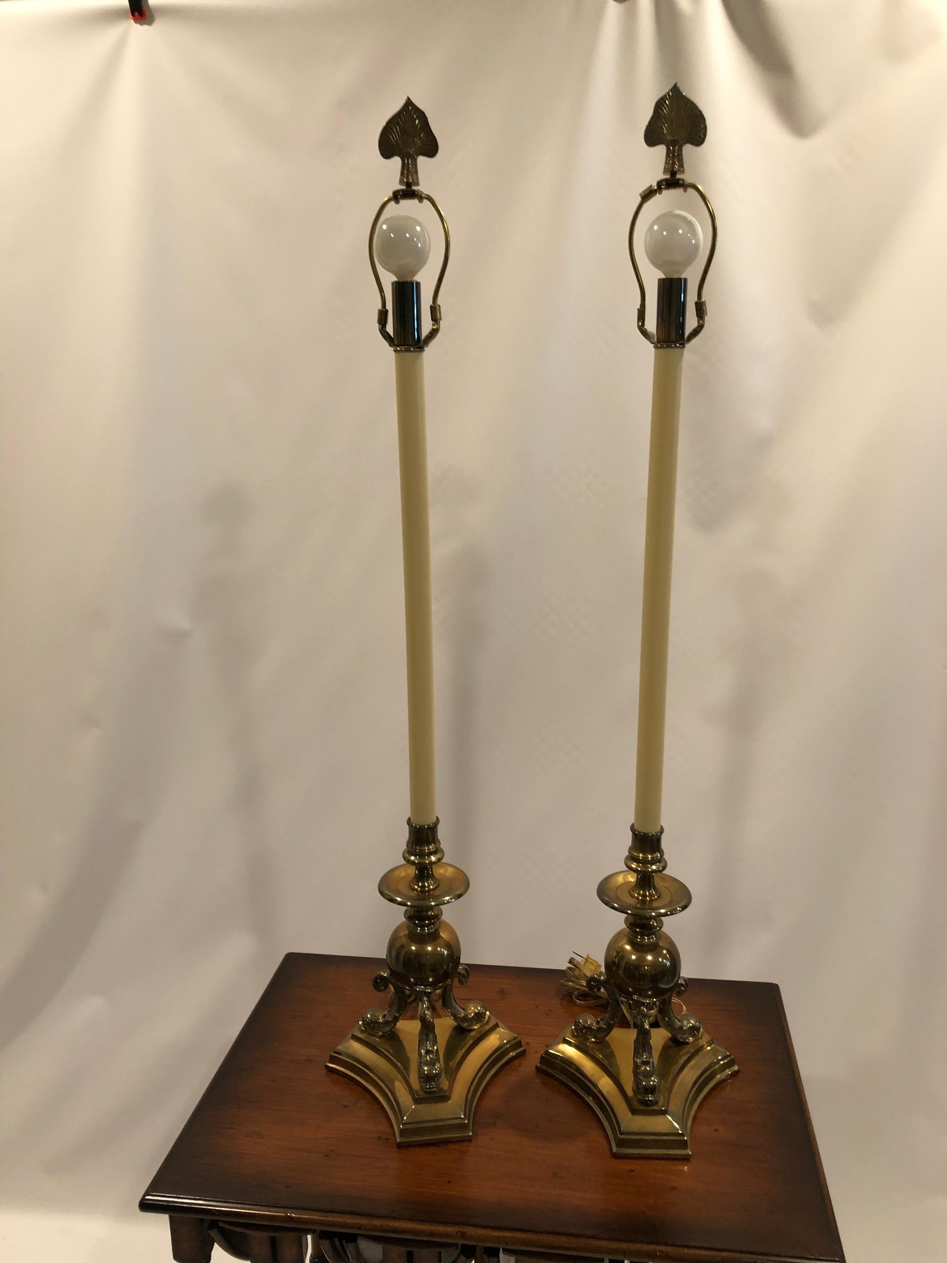 Lovely Pair of Tall Elegant Brass Dolphin Motif Table Lamps by Chapman 2
