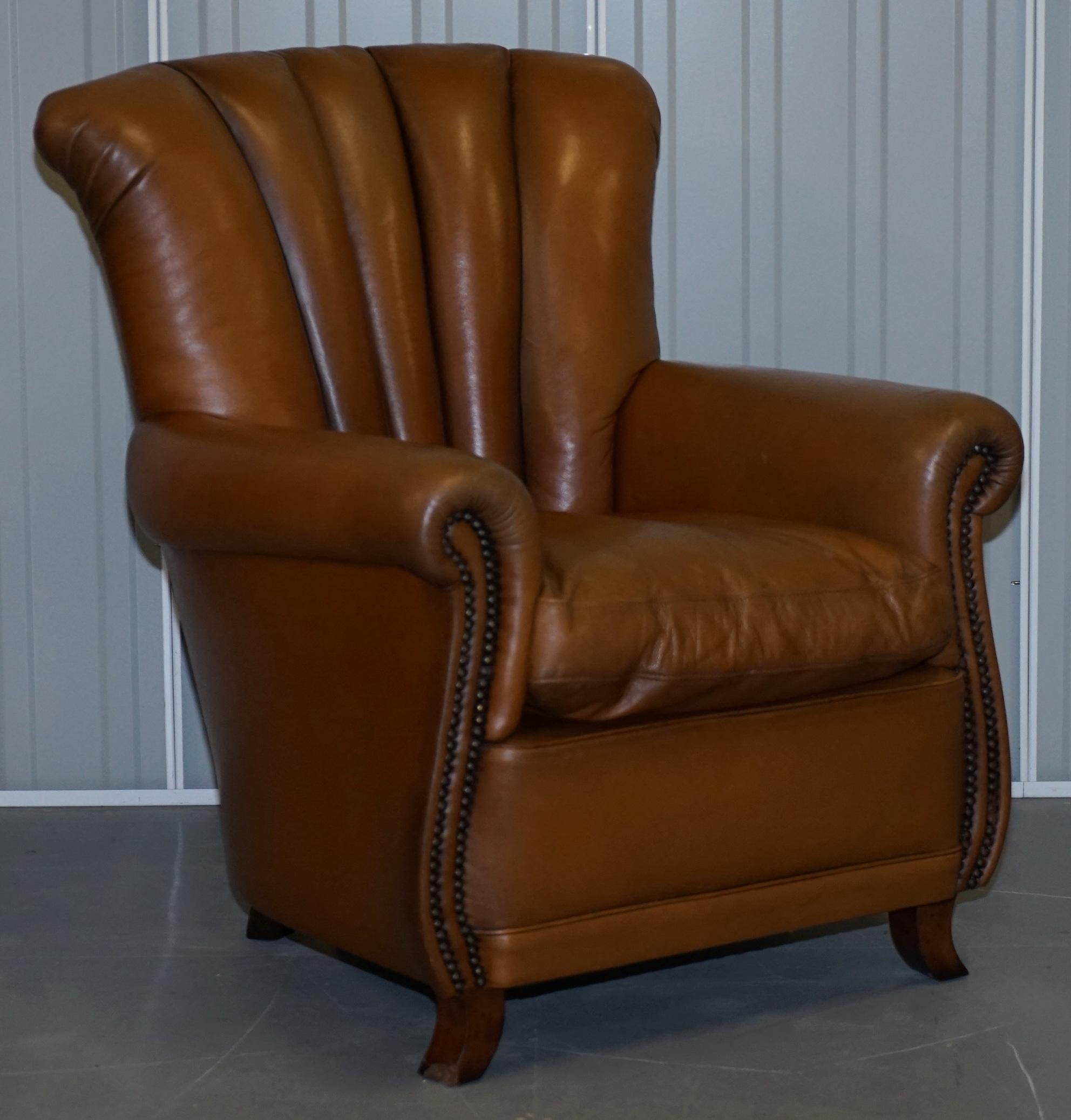 Lovely Pair of Tan Brown Leather Tetra Ella Armchairs with Art Deco Fluted Backs 5