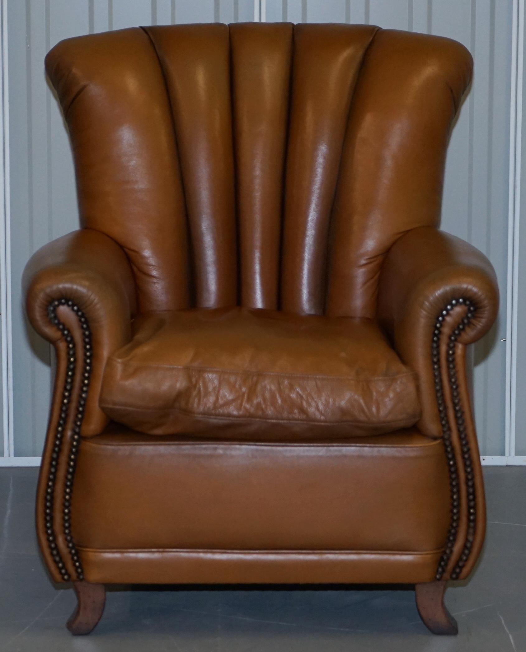 Lovely Pair of Tan Brown Leather Tetra Ella Armchairs with Art Deco Fluted Backs 6