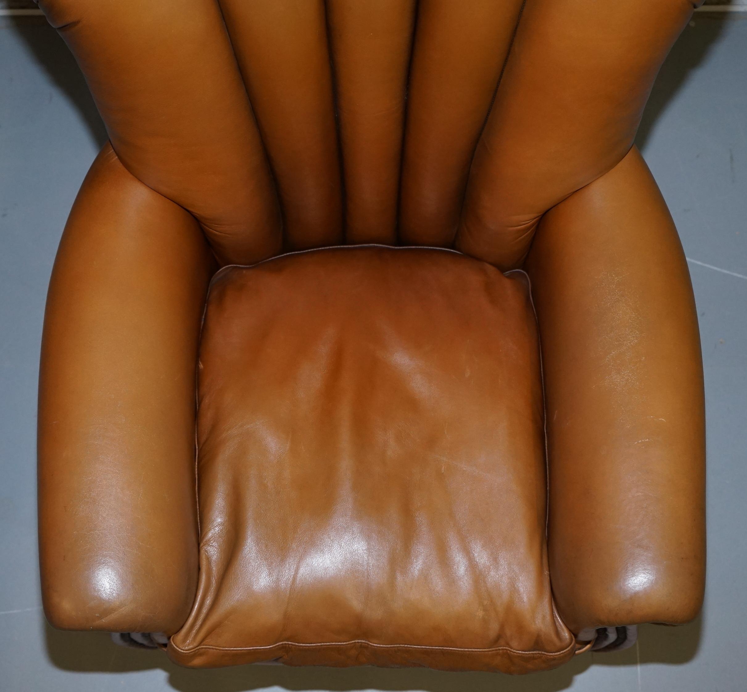 Lovely Pair of Tan Brown Leather Tetra Ella Armchairs with Art Deco Fluted Backs 7