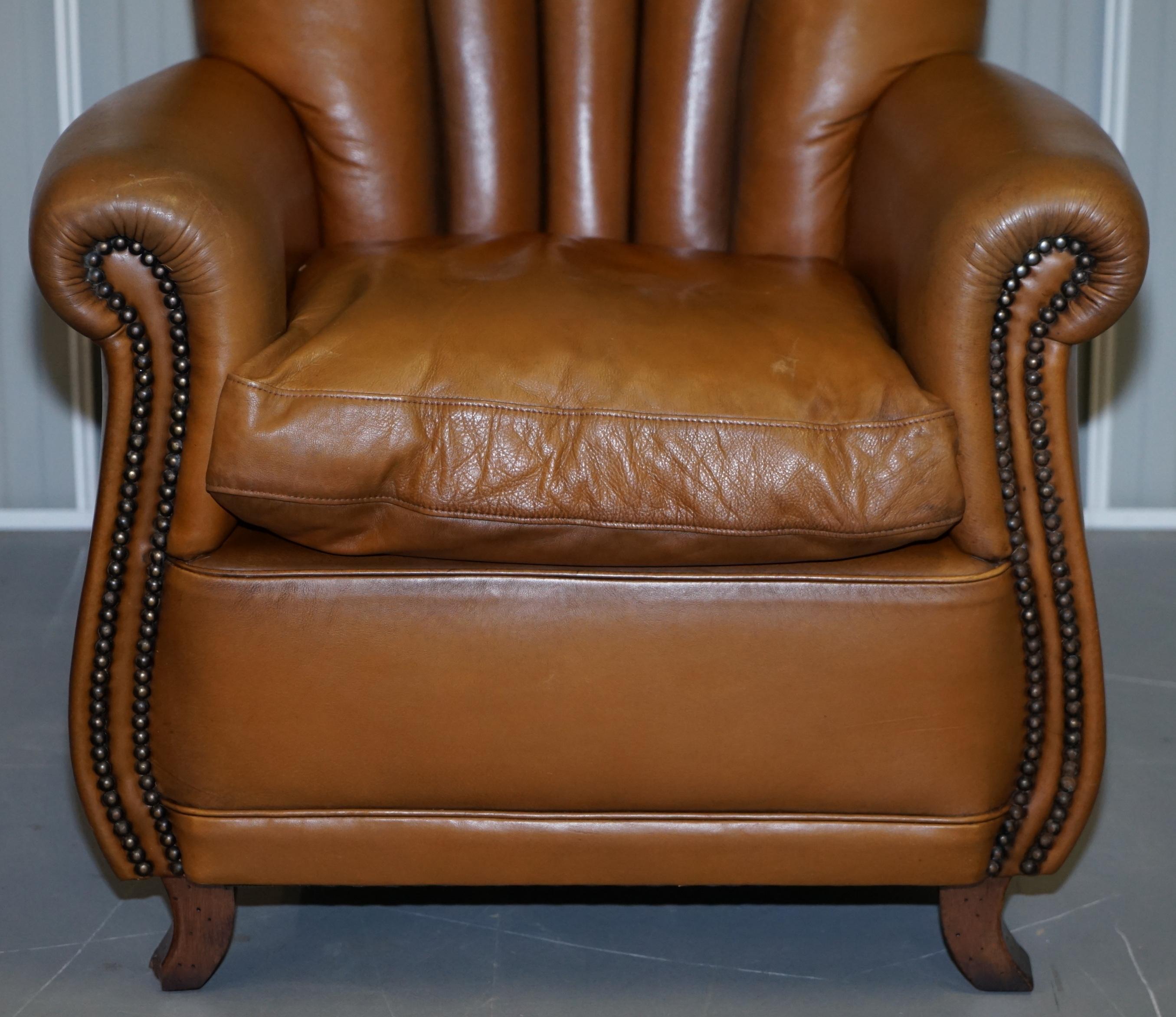 Lovely Pair of Tan Brown Leather Tetra Ella Armchairs with Art Deco Fluted Backs 8