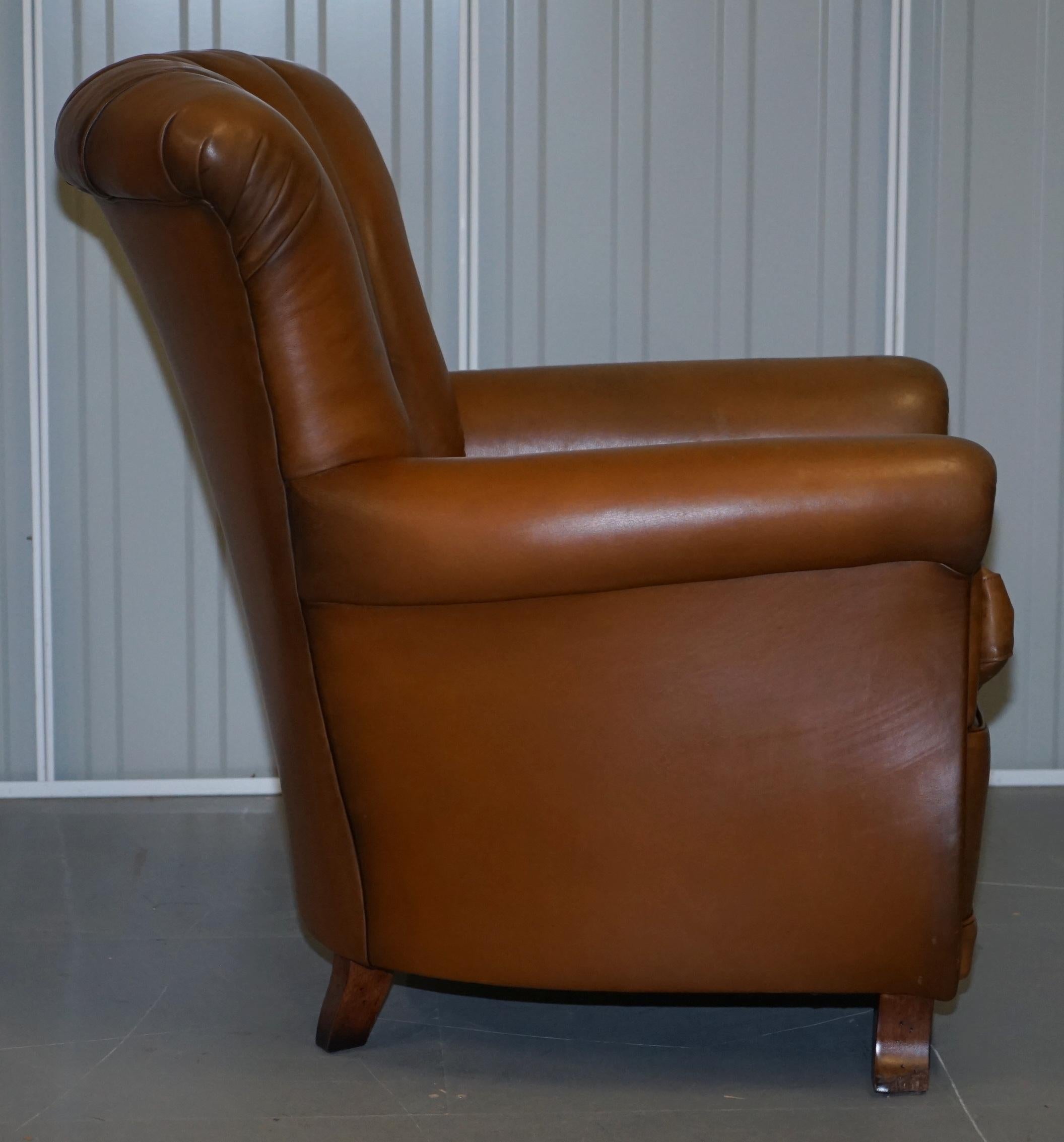 Lovely Pair of Tan Brown Leather Tetra Ella Armchairs with Art Deco Fluted Backs 10