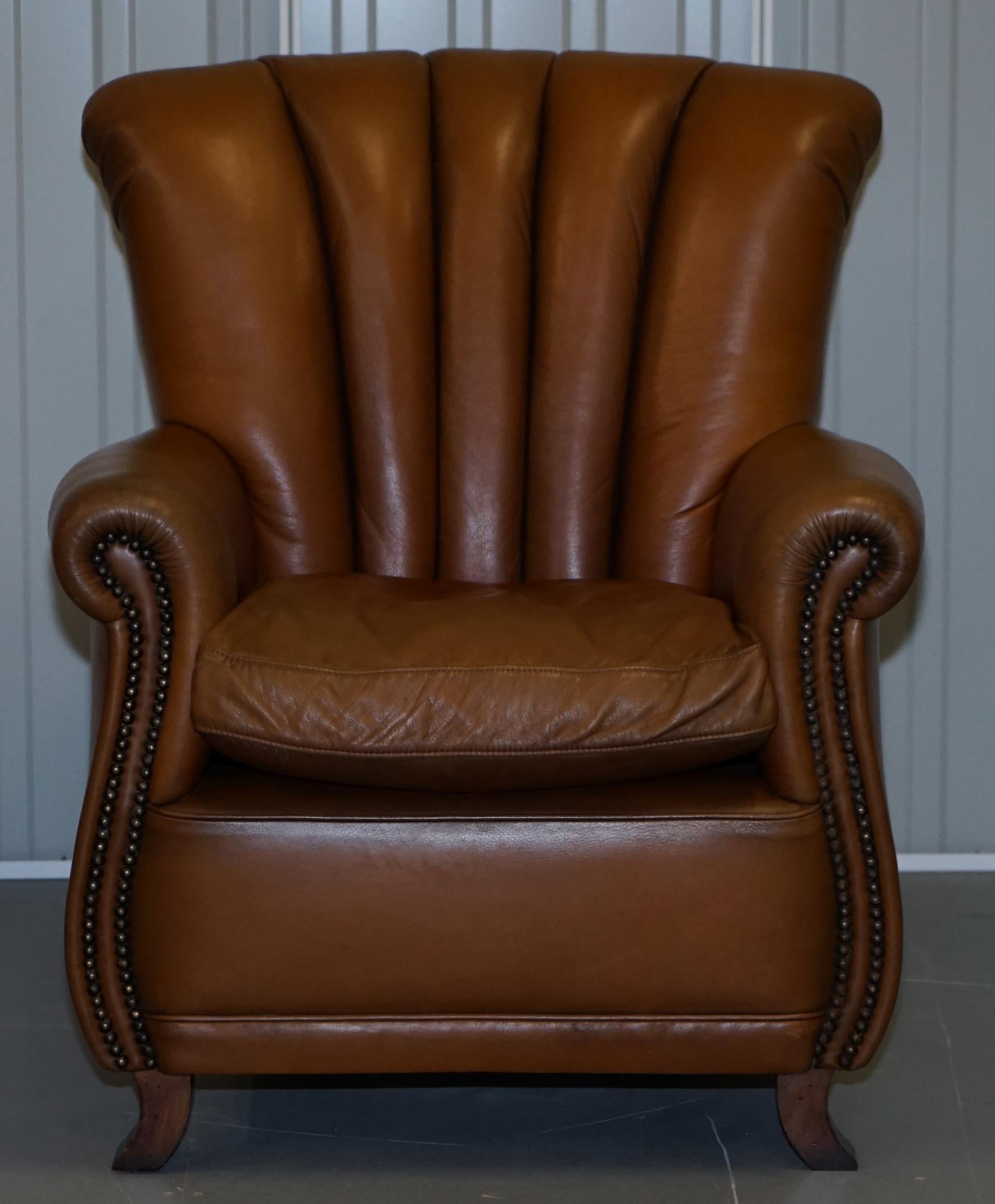 English Lovely Pair of Tan Brown Leather Tetra Ella Armchairs with Art Deco Fluted Backs