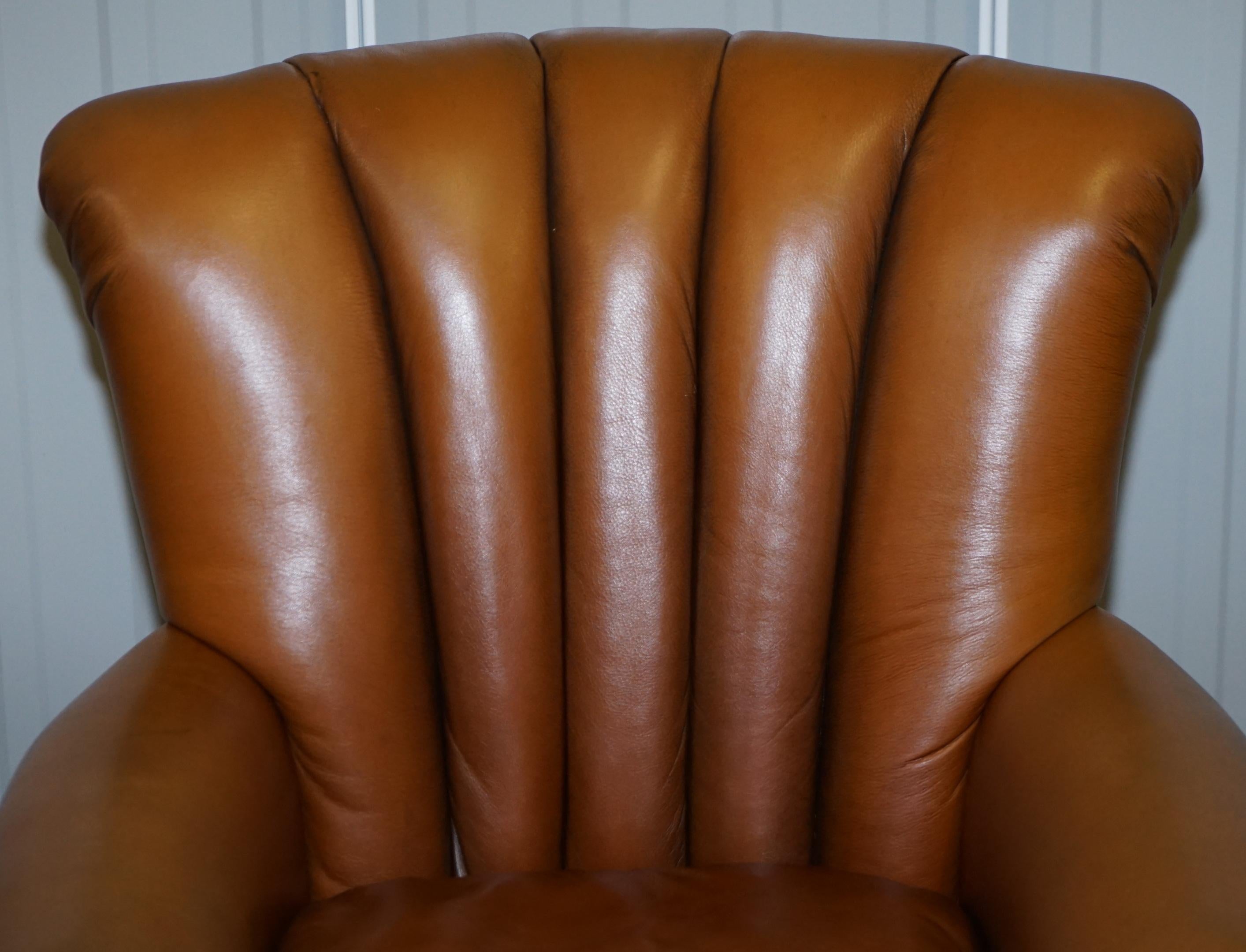 Hand-Crafted Lovely Pair of Tan Brown Leather Tetra Ella Armchairs with Art Deco Fluted Backs