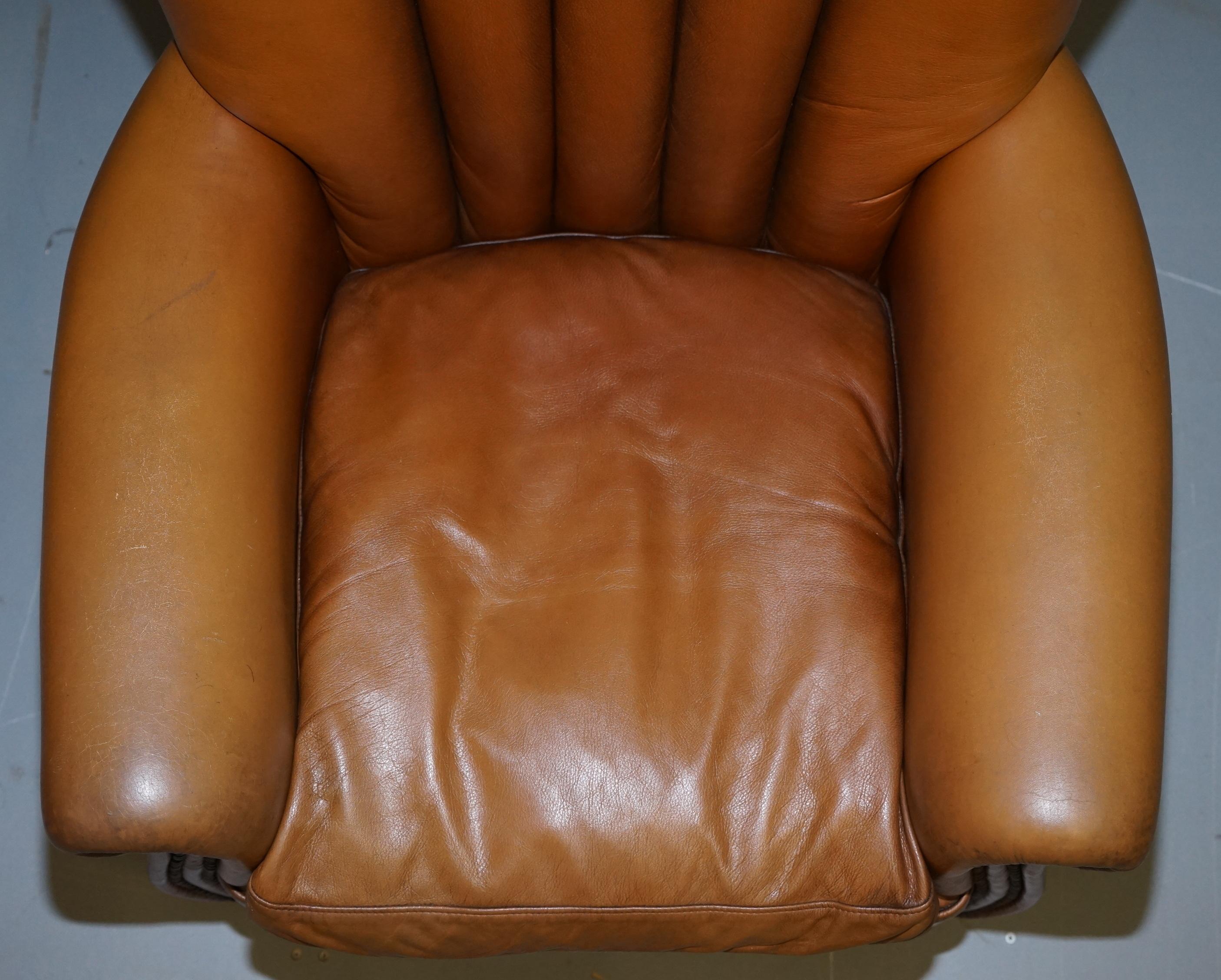 Contemporary Lovely Pair of Tan Brown Leather Tetra Ella Armchairs with Art Deco Fluted Backs